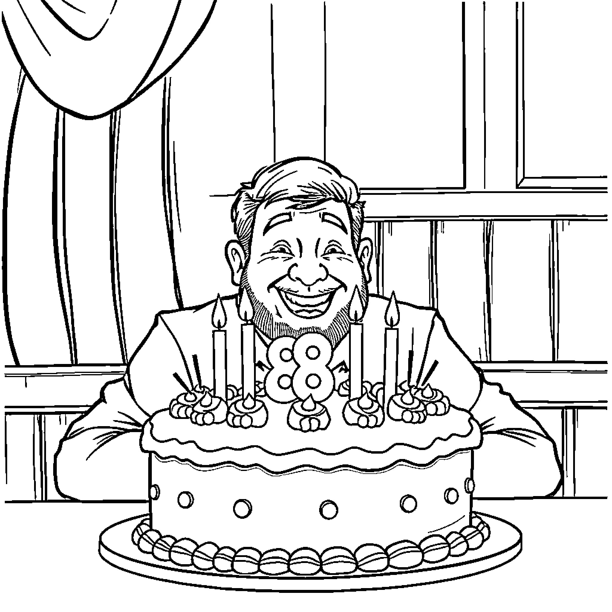 Andy Reid Celebrating Birthday with Cake Coloring Page (free black-and-white line drawing printable PDF for all, from beginners to advanced learners, including children, teens, adults, and seniors)