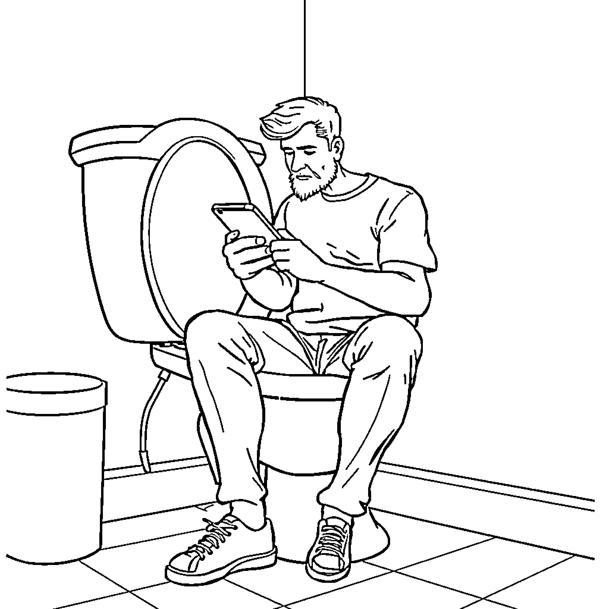 Dad relaxing with smartphone in bathroom Coloring Page (free black-and-white line drawing printable PDF for all, from beginners to advanced learners, including children, teens, adults, and seniors)