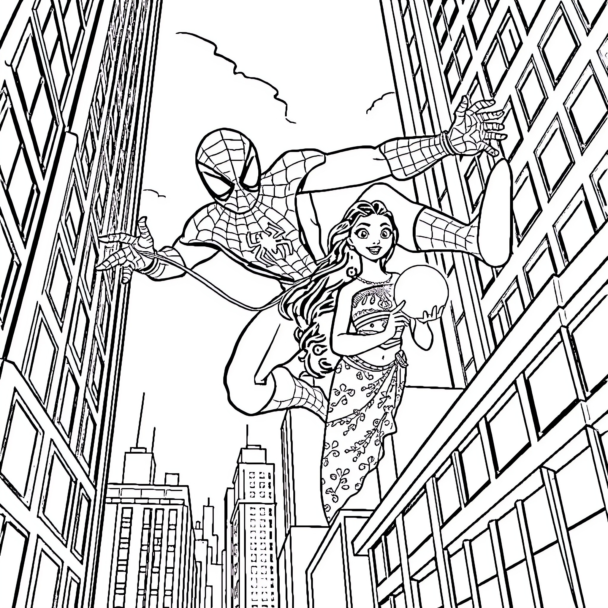 Spider-Man swinging through the city with a female companion Coloring Page (free black-and-white line drawing printable PDF for all, from beginners to advanced learners, including children, teens, adults, and seniors)