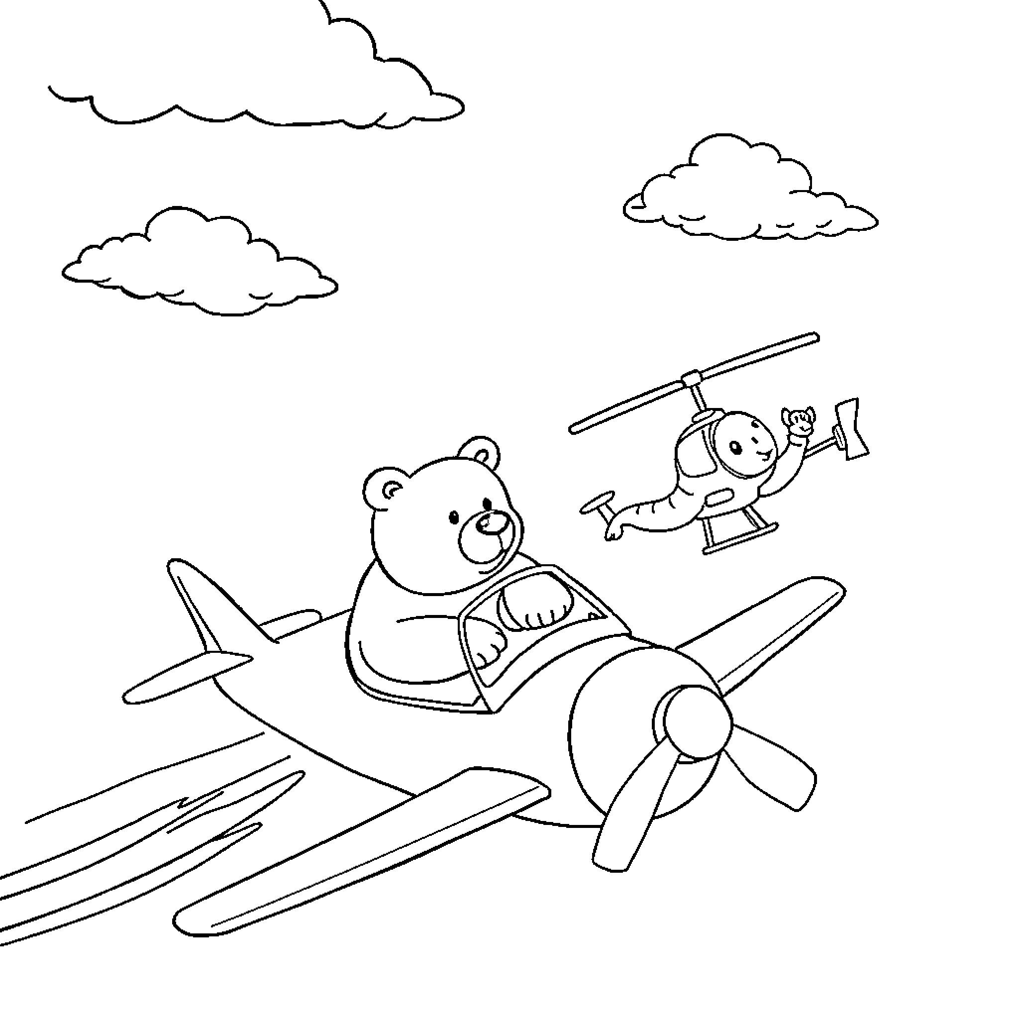 Bear flying an airplane with a helicopter in the sky Coloring Page (free black-and-white line drawing printable PDF for all, from beginners to advanced learners, including children, teens, adults, and seniors)