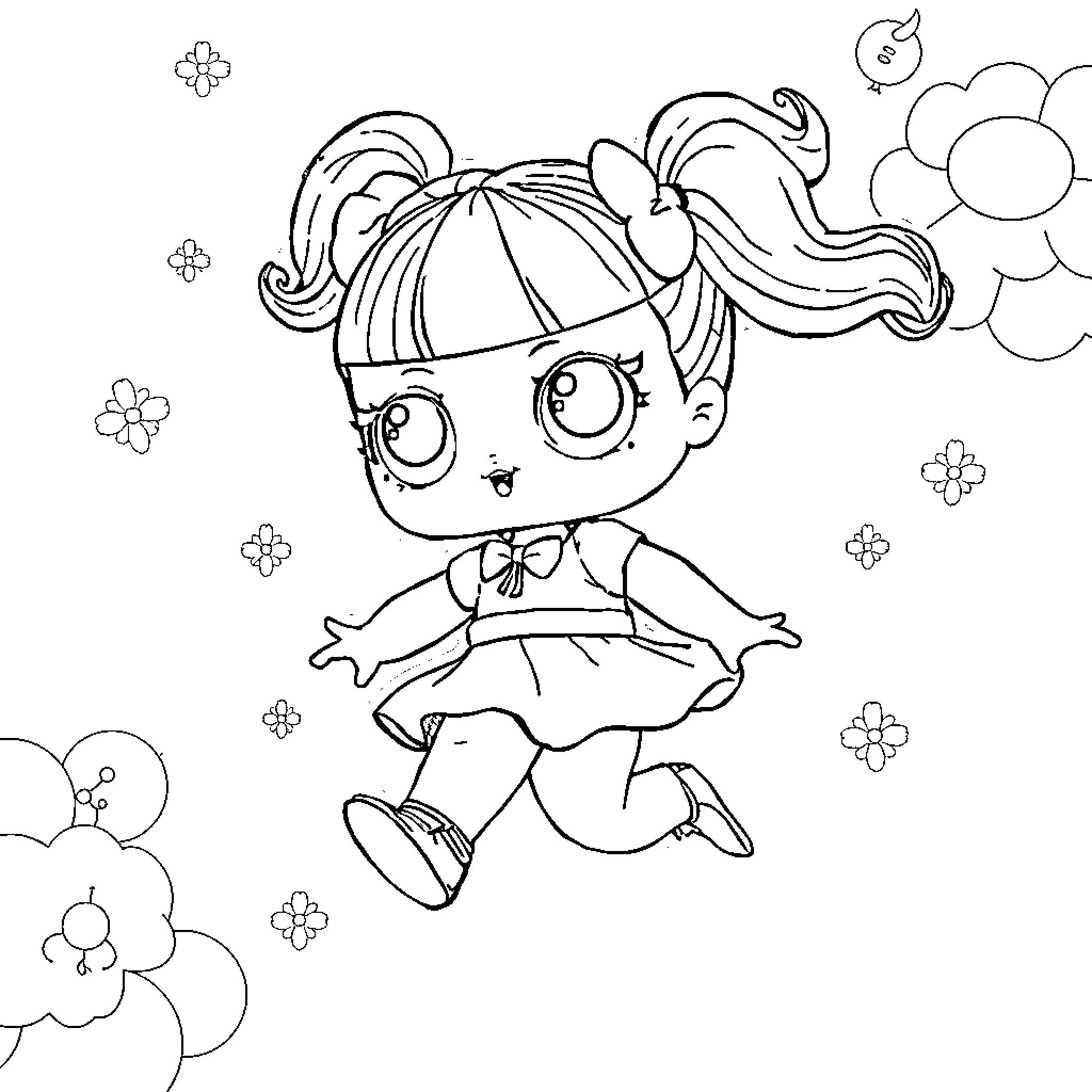 Doll with Pigtails Jumping Joyfully Coloring Page (free black-and-white line drawing printable PDF for all, from beginners to advanced learners, including children, teens, adults, and seniors)