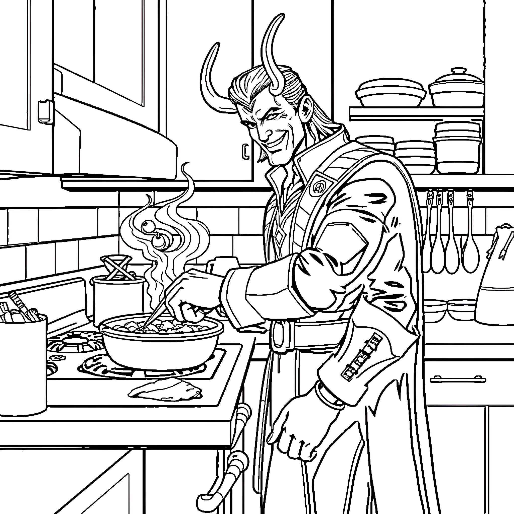 Loki Cooking in the Kitchen Coloring Page (free black-and-white line drawing printable PDF for all, from beginners to advanced learners, including children, teens, adults, and seniors)