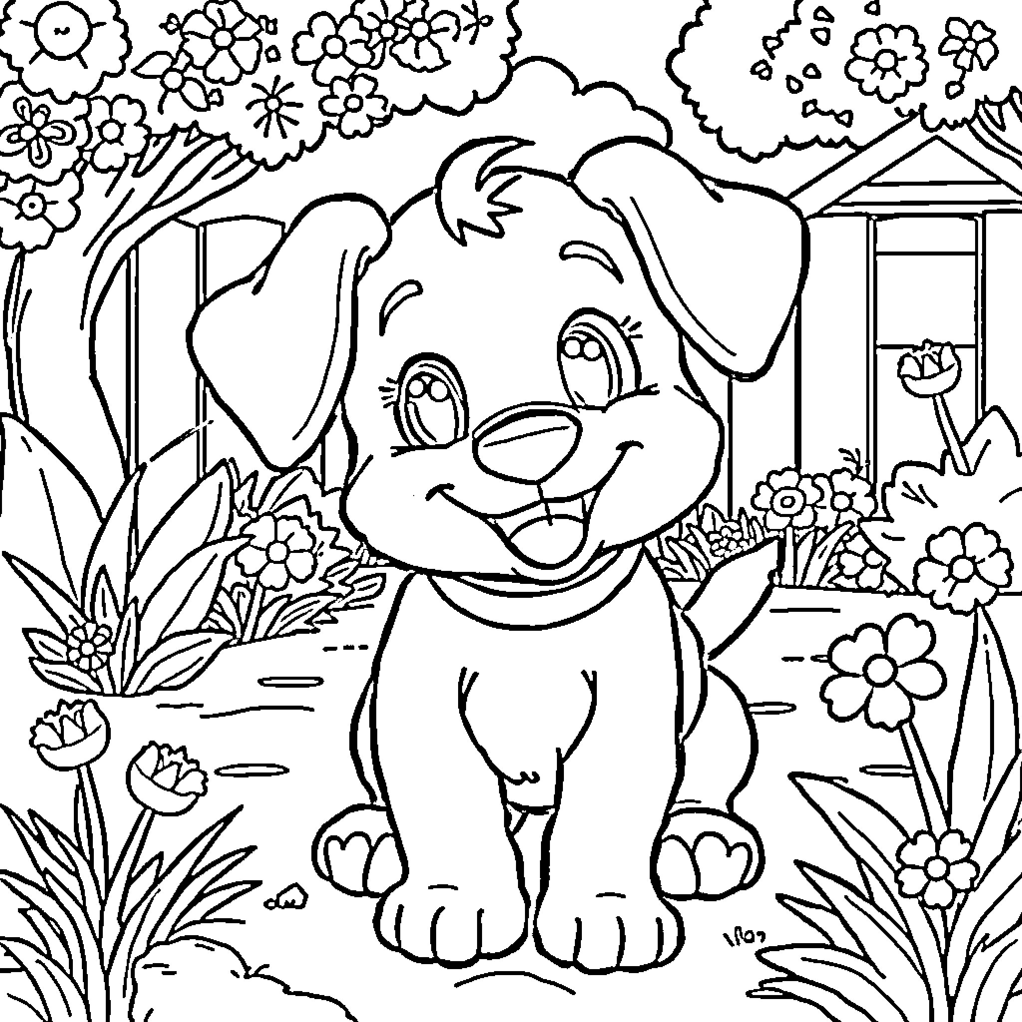 Bluey playing happily in the garden Coloring Page (free black-and-white line drawing printable PDF for all, from beginners to advanced learners, including children, teens, adults, and seniors)