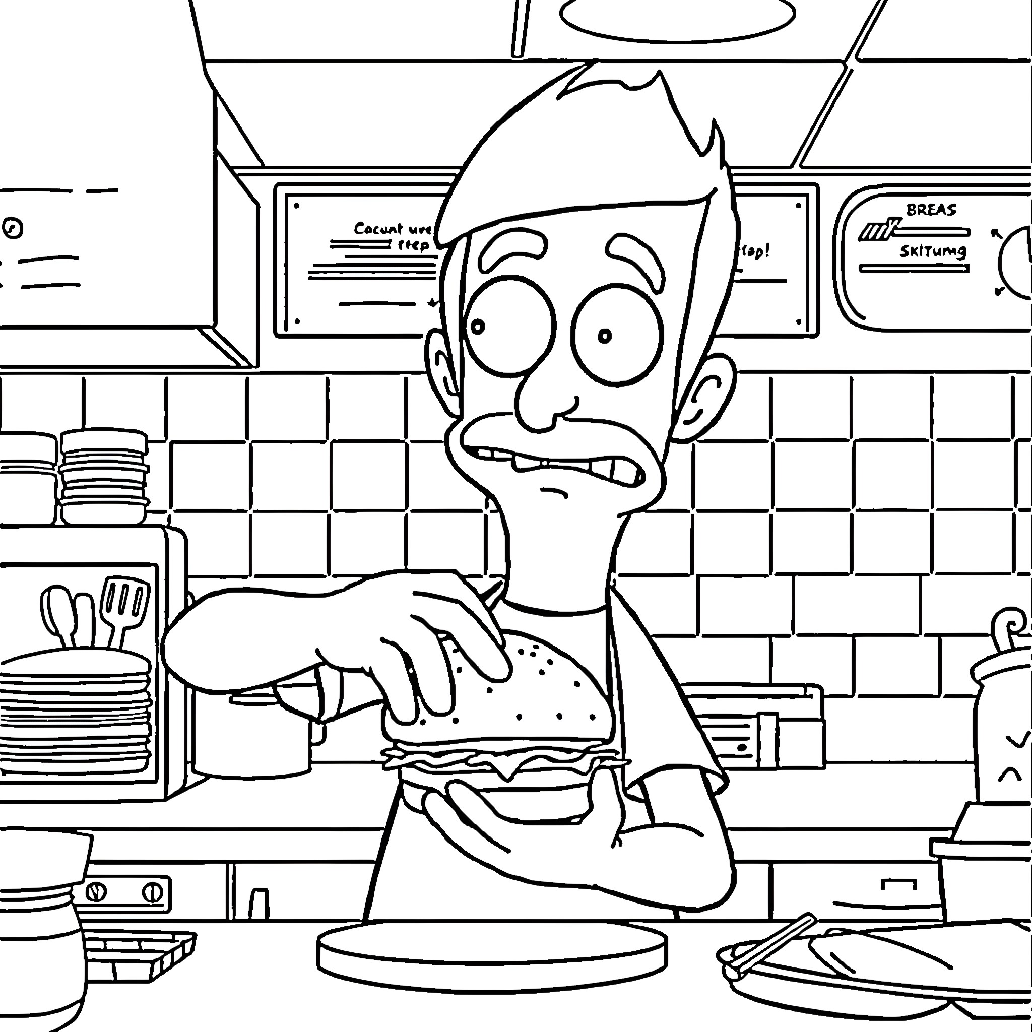 Bob making a sandwich in the kitchen Coloring Page (free black-and-white line drawing printable PDF for all, from beginners to advanced learners, including children, teens, adults, and seniors)