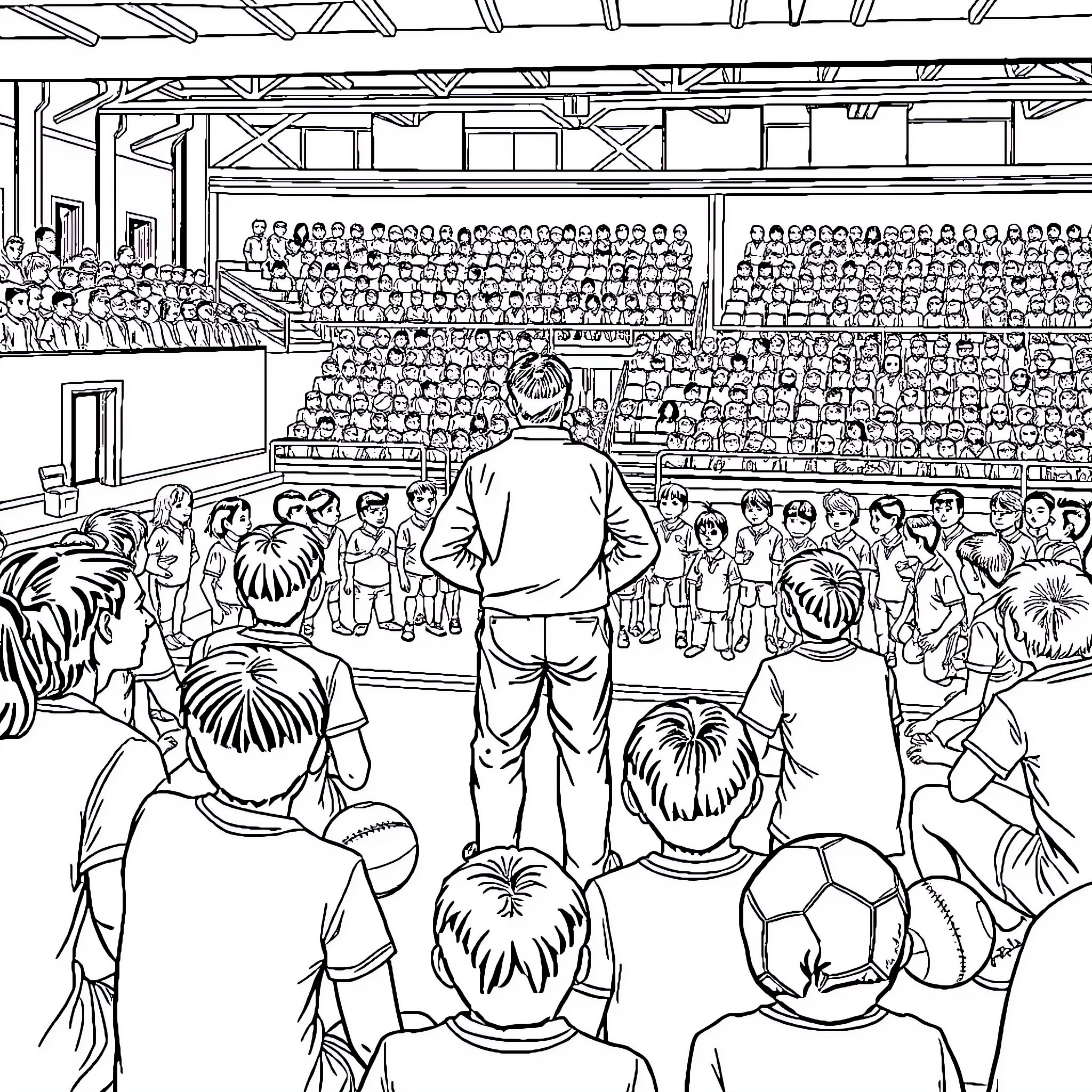 Professor Addressing a Crowded Sports Arena Coloring Page (free black-and-white line drawing printable PDF for all, from beginners to advanced learners, including children, teens, adults, and seniors)