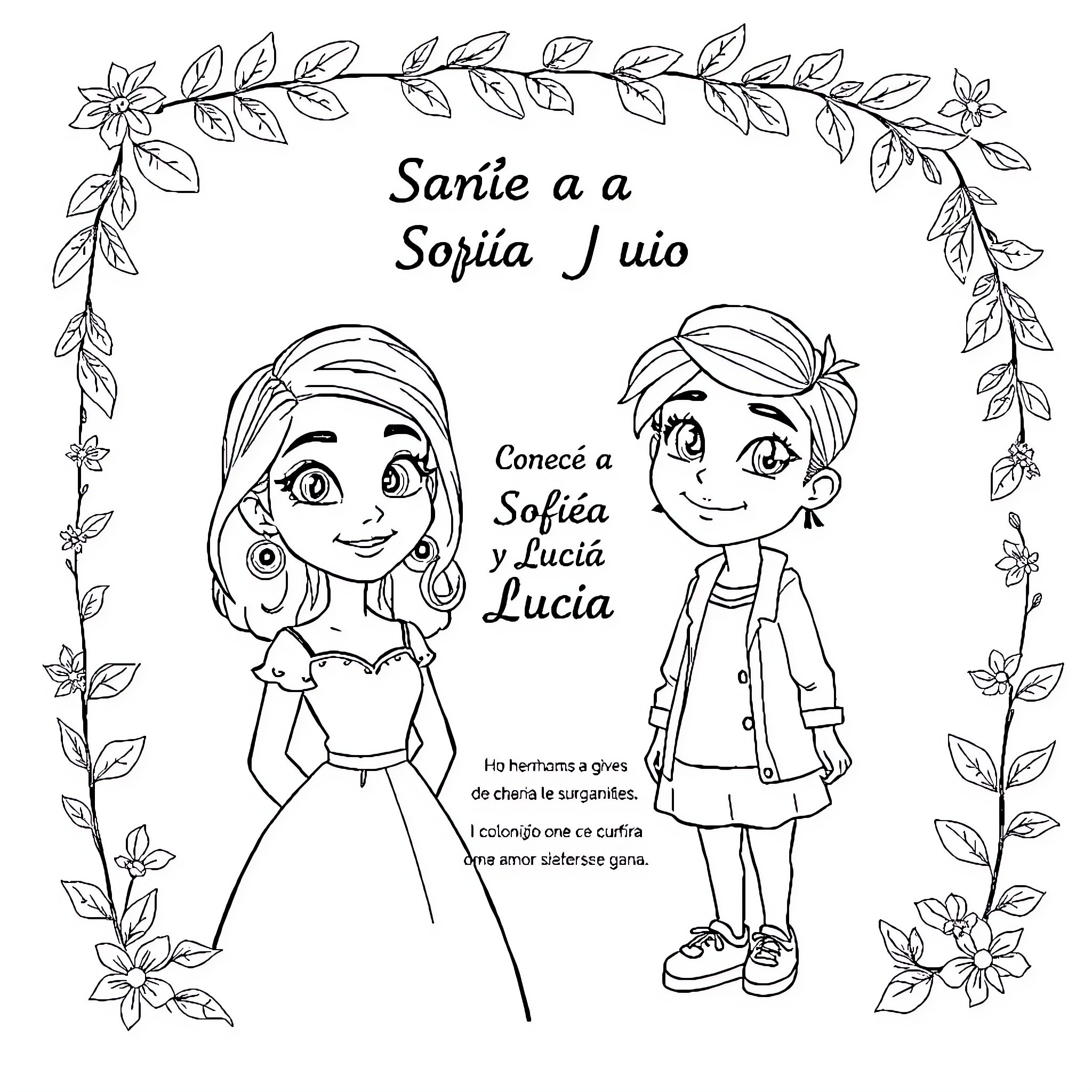 Sofía and Lucía: Sisters in Friendship Coloring Page (free black-and-white line drawing printable PDF for all, from beginners to advanced learners, including children, teens, adults, and seniors)