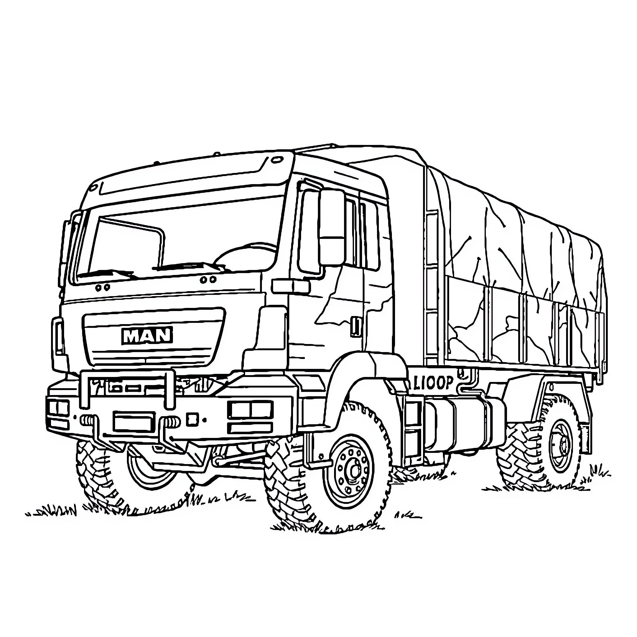 MAN Truck hauling cargo on rough terrain Coloring Page (free black-and-white line drawing printable PDF for all, from beginners to advanced learners, including children, teens, adults, and seniors)