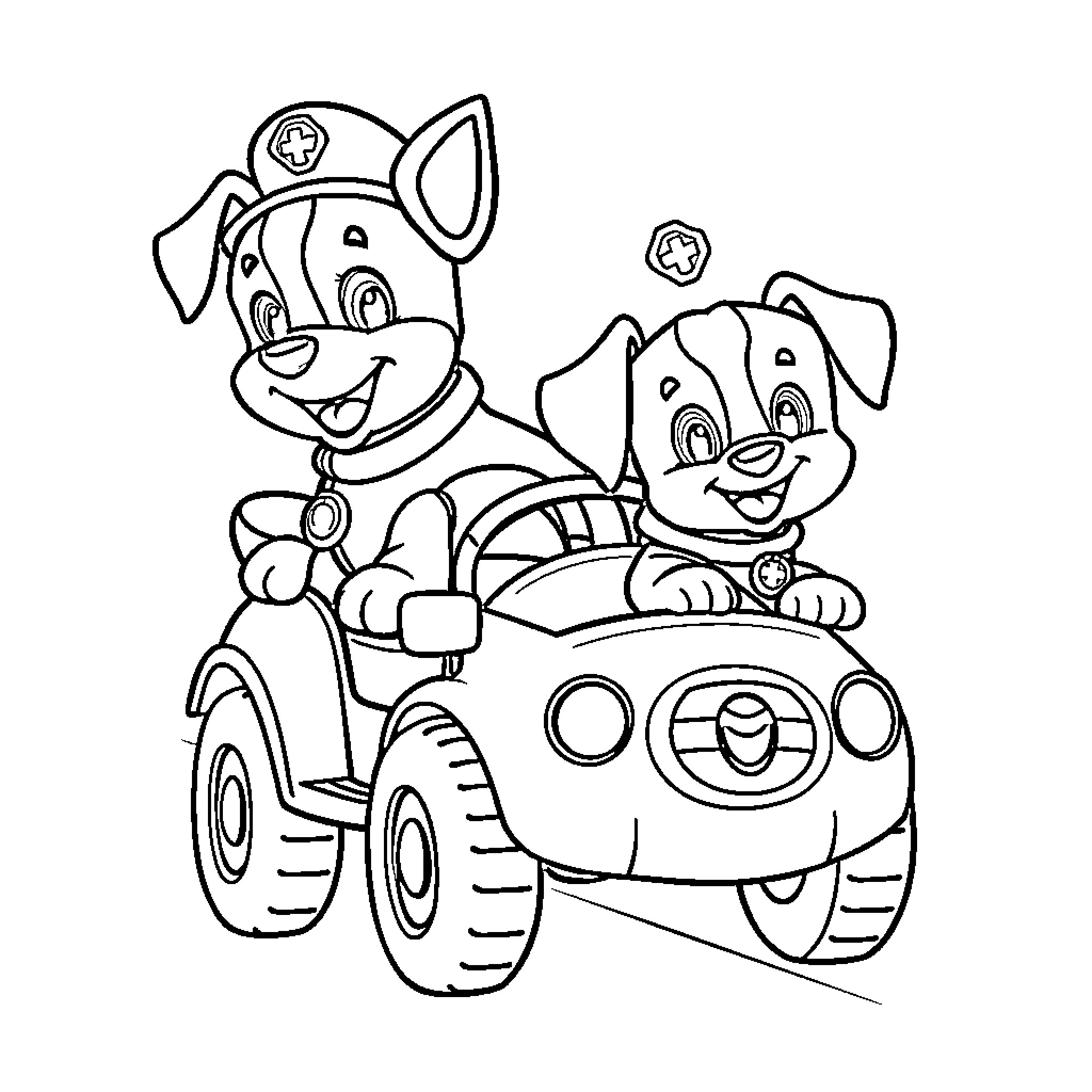 Paw Patrol pups riding in their fun vehicle Coloring Page (free black-and-white line drawing printable PDF for all, from beginners to advanced learners, including children, teens, adults, and seniors)