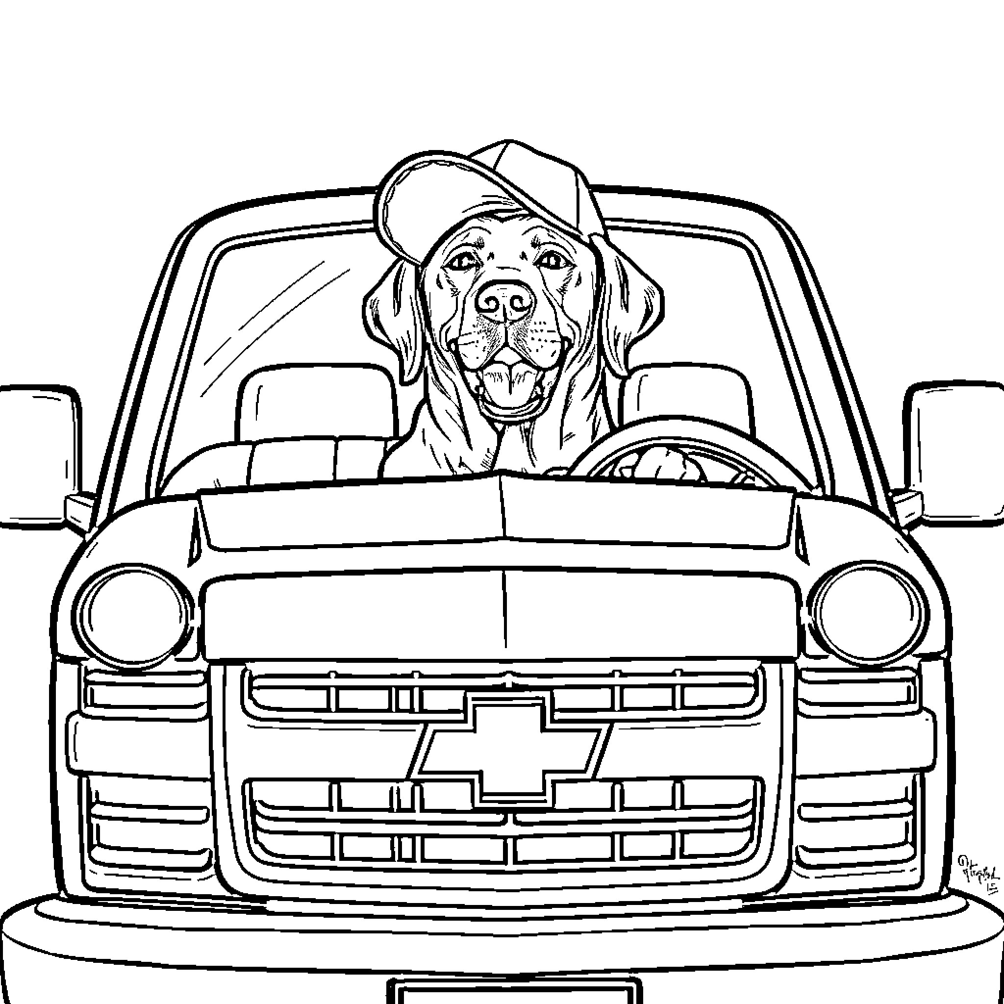 Labrador dog driving a truck happily Coloring Page (free black-and-white line drawing printable PDF for all, from beginners to advanced learners, including children, teens, adults, and seniors)