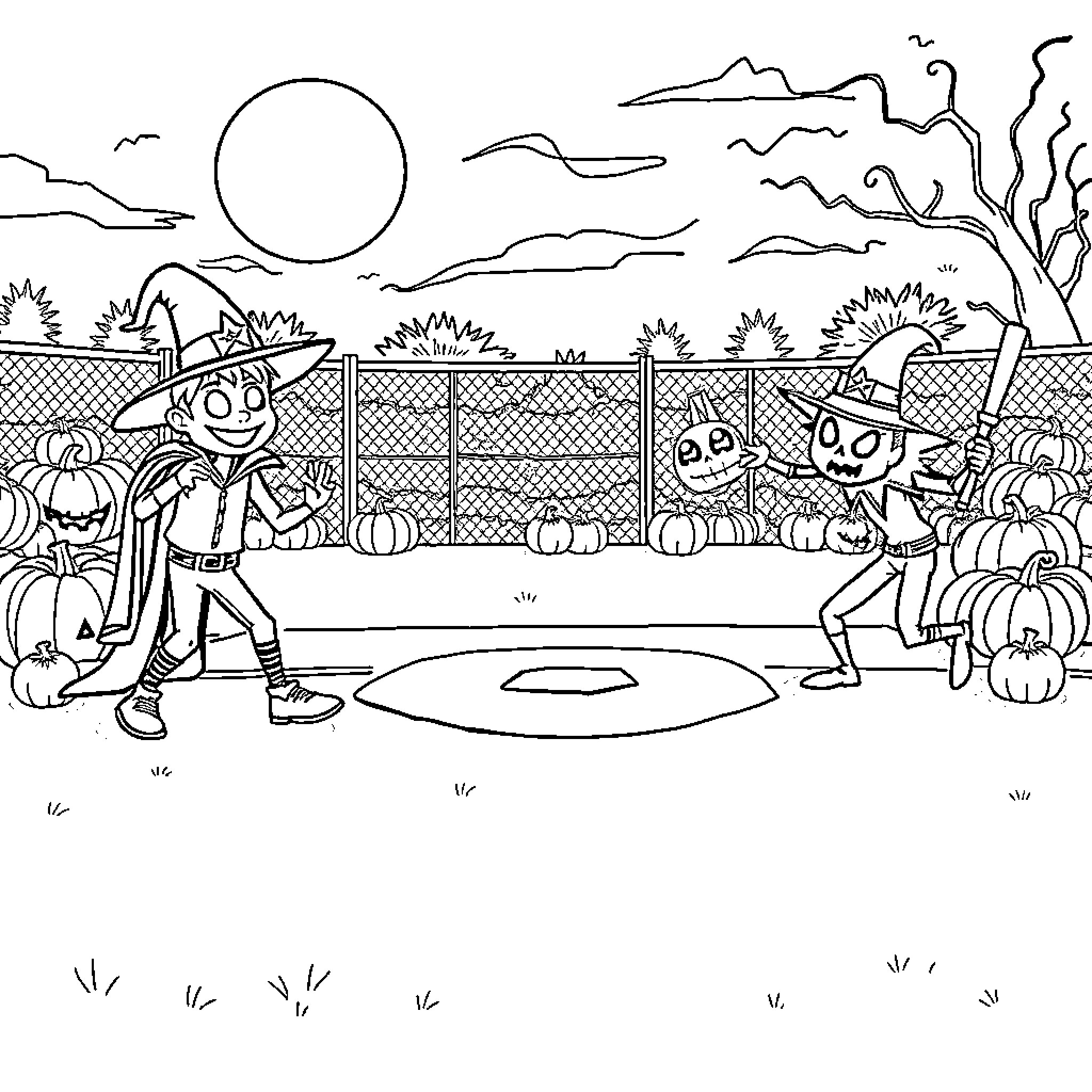 Baseball Players in Spooky Halloween Outfits Coloring Page (free black-and-white line drawing printable PDF for all, from beginners to advanced learners, including children, teens, adults, and seniors)