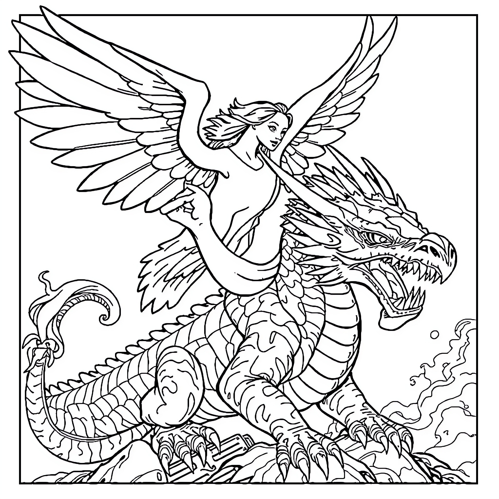 Angel riding a fierce dragon Coloring Page (free black-and-white line drawing printable PDF for all, from beginners to advanced learners, including children, teens, adults, and seniors)