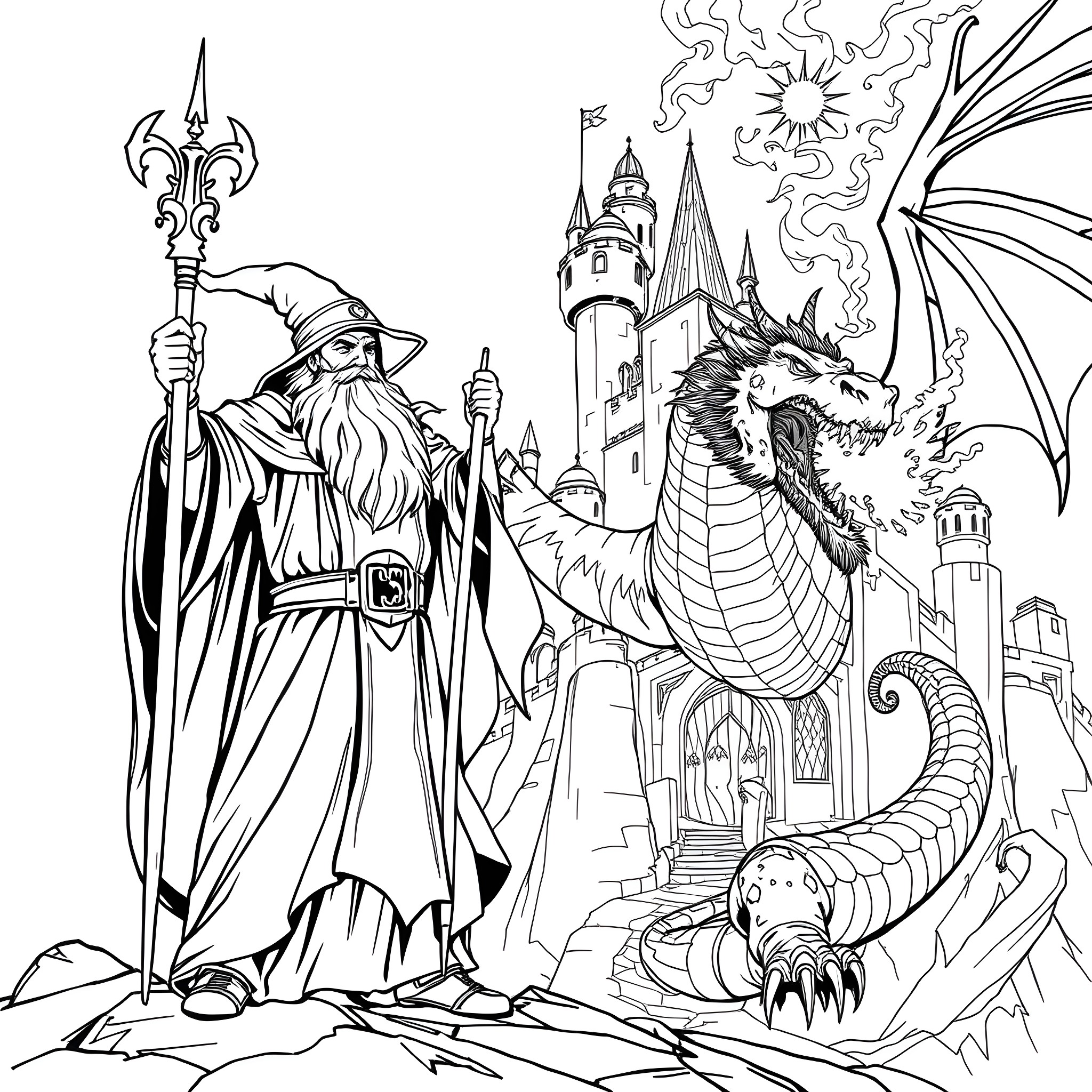 Wizard summoning a powerful dragon in a fantastical realm Coloring Page (free black-and-white line drawing printable PDF for all, from beginners to advanced learners, including children, teens, adults, and seniors)