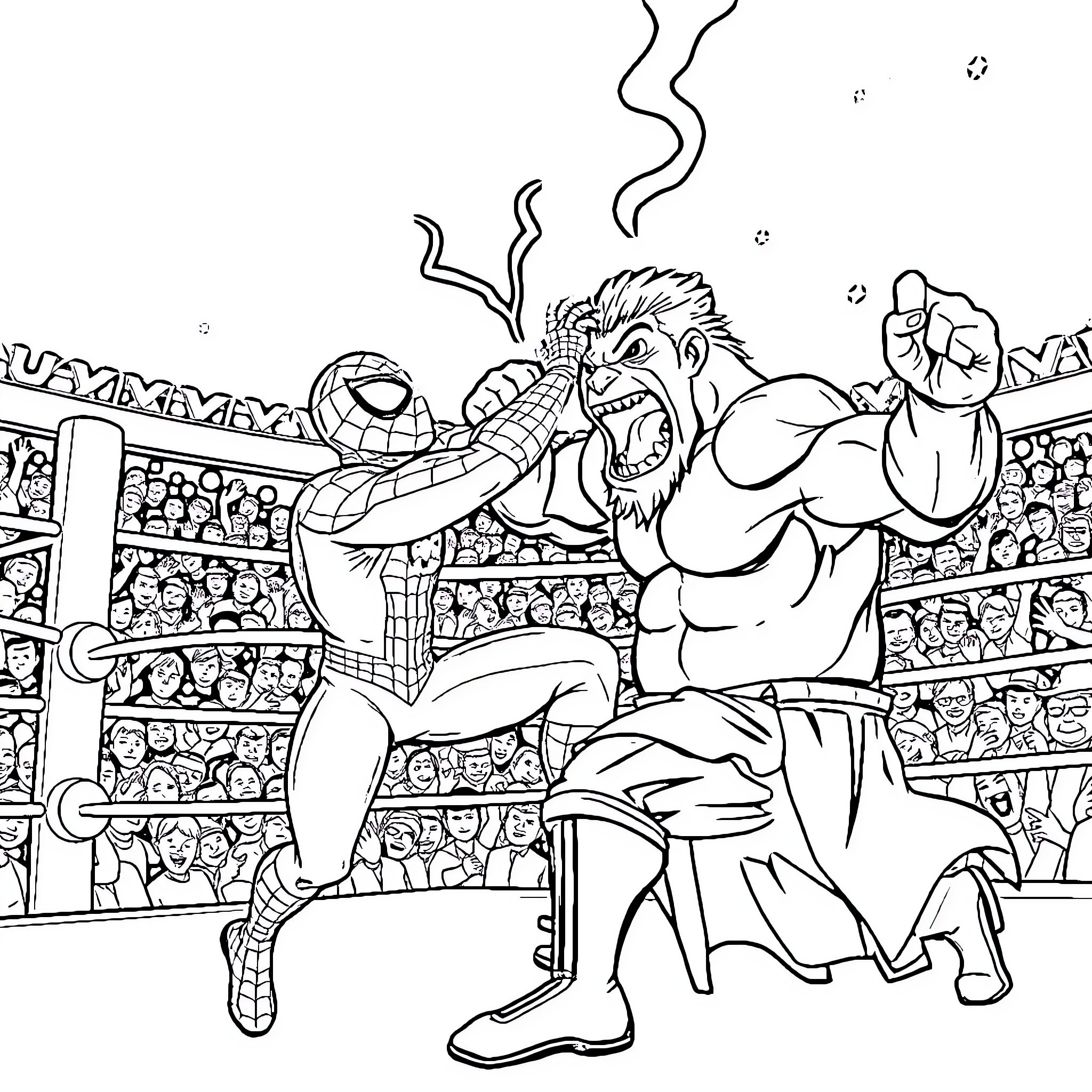 Spider-Man vs. Muscular Villain in Intense Arena Battle Coloring Page (free black-and-white line drawing printable PDF for all, from beginners to advanced learners, including children, teens, adults, and seniors)