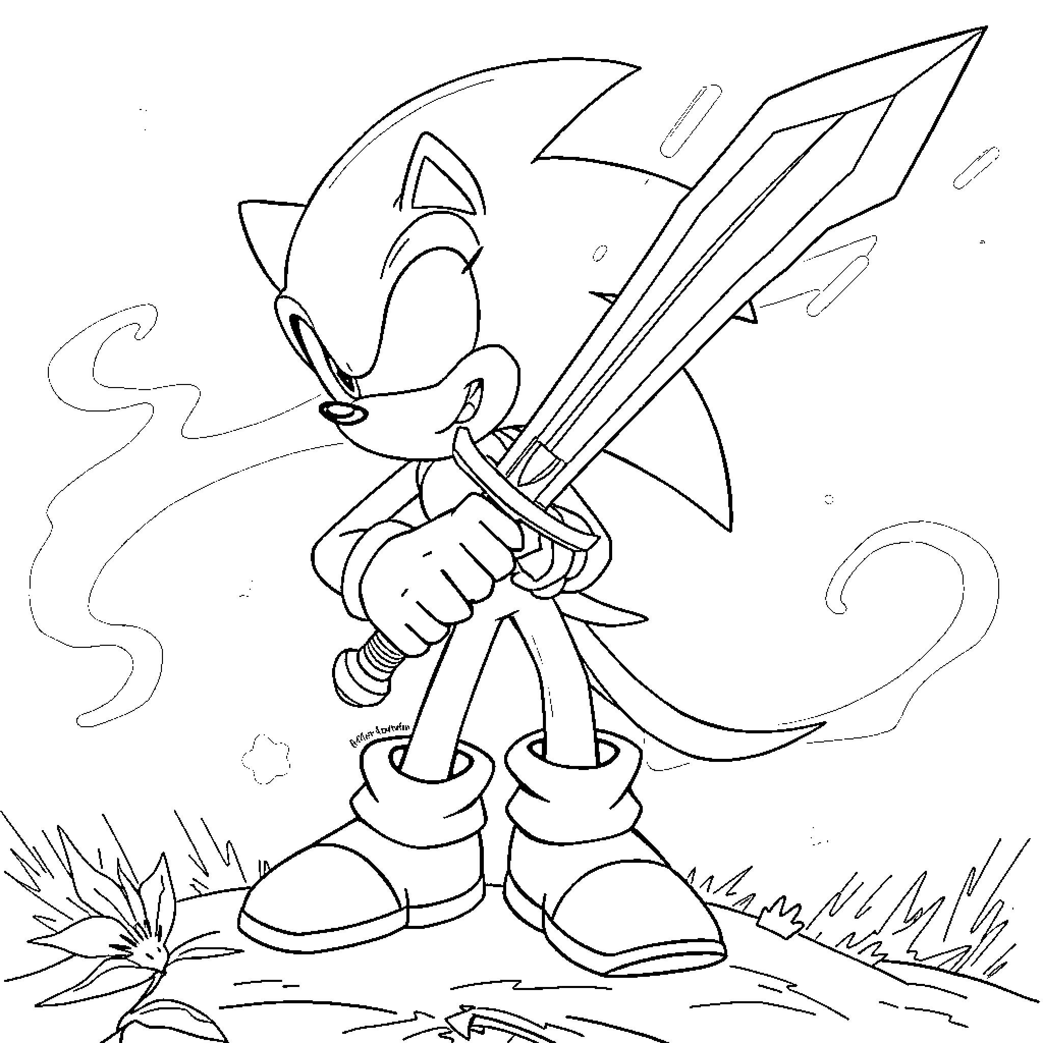 Sonic the Hedgehog wielding a powerful sword Coloring Page (free black-and-white line drawing printable PDF for all, from beginners to advanced learners, including children, teens, adults, and seniors)
