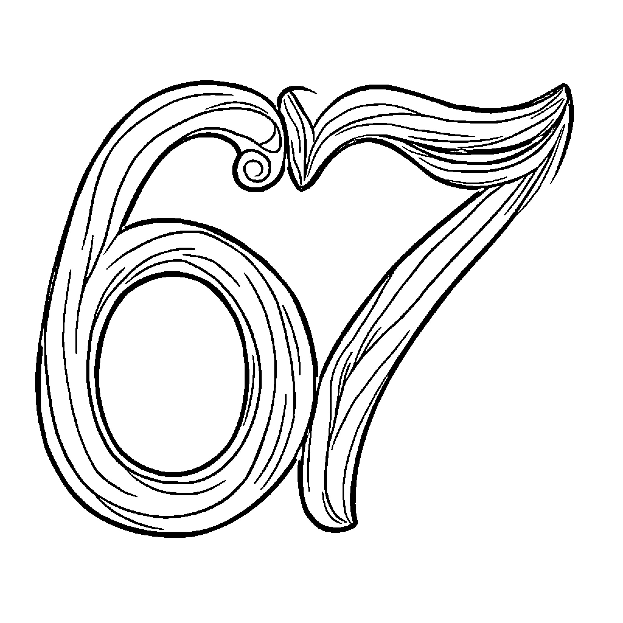 Number 67 Decorative Artistic Design Coloring Page (free black-and-white line drawing printable PDF for all, from beginners to advanced learners, including children, teens, adults, and seniors)