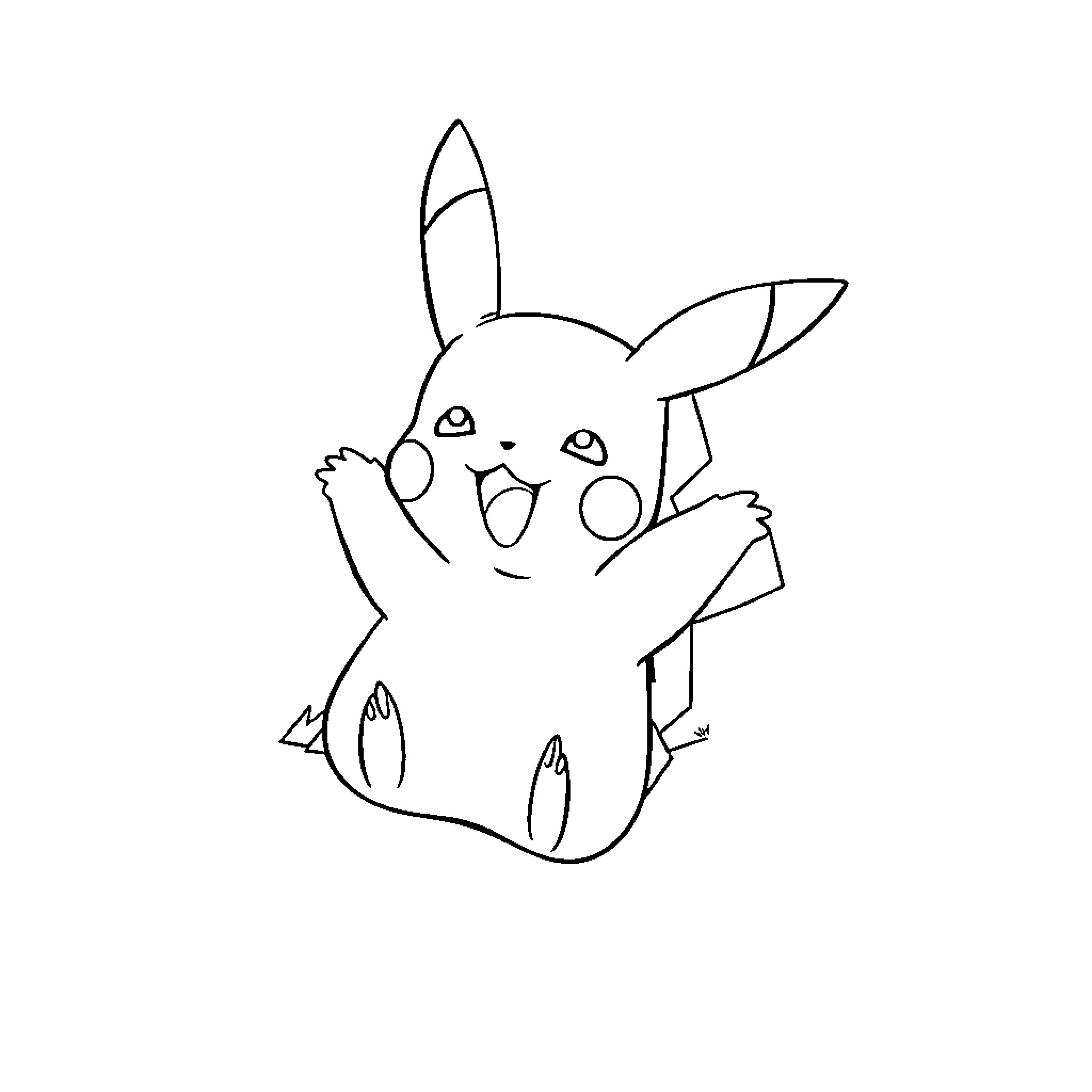 Pikachu in a playful pose Coloring Page (free black-and-white line drawing printable PDF for all, from beginners to advanced learners, including children, teens, adults, and seniors)