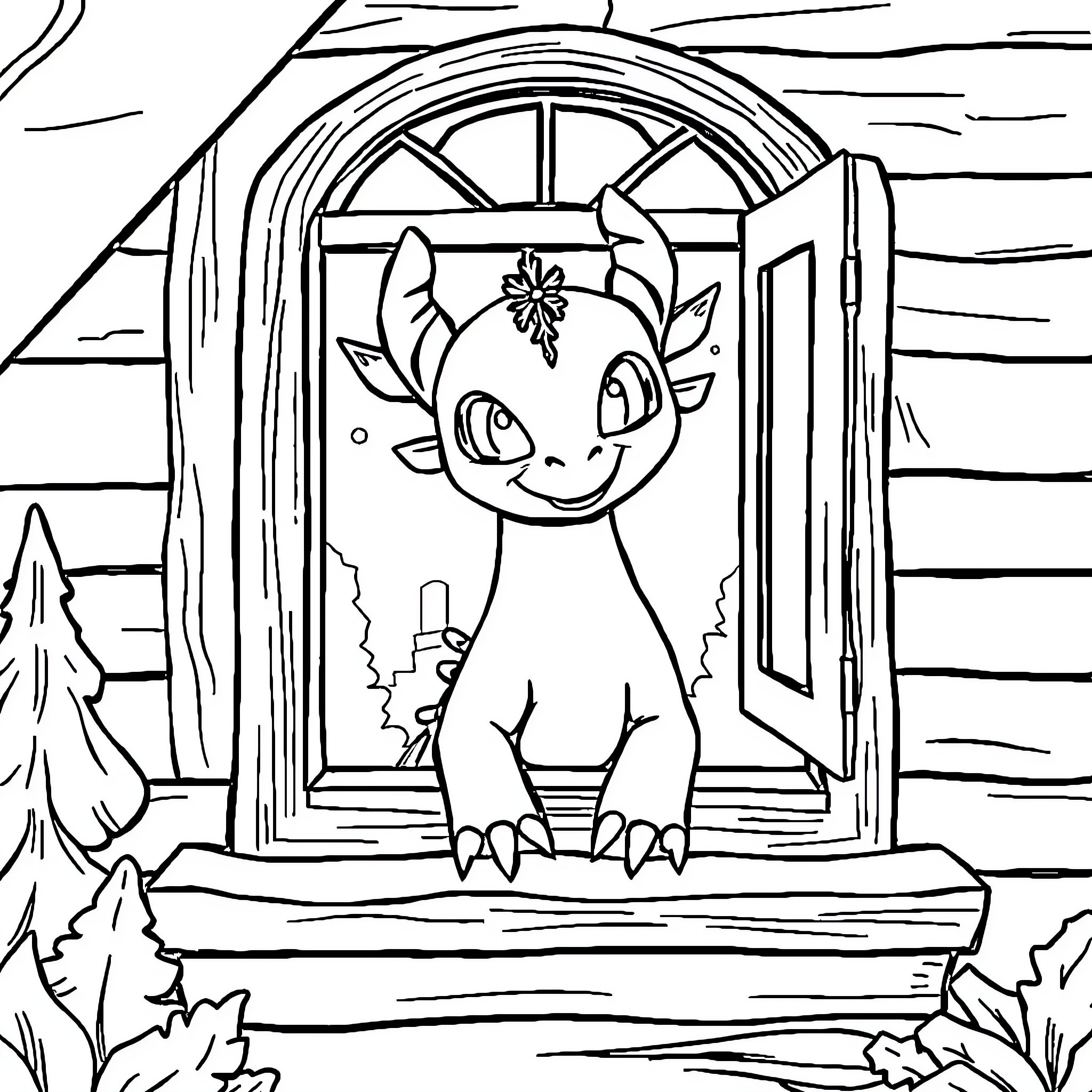 Toothless dragon peeking out from a wooden window Coloring Page (free black-and-white line drawing printable PDF for all, from beginners to advanced learners, including children, teens, adults, and seniors)