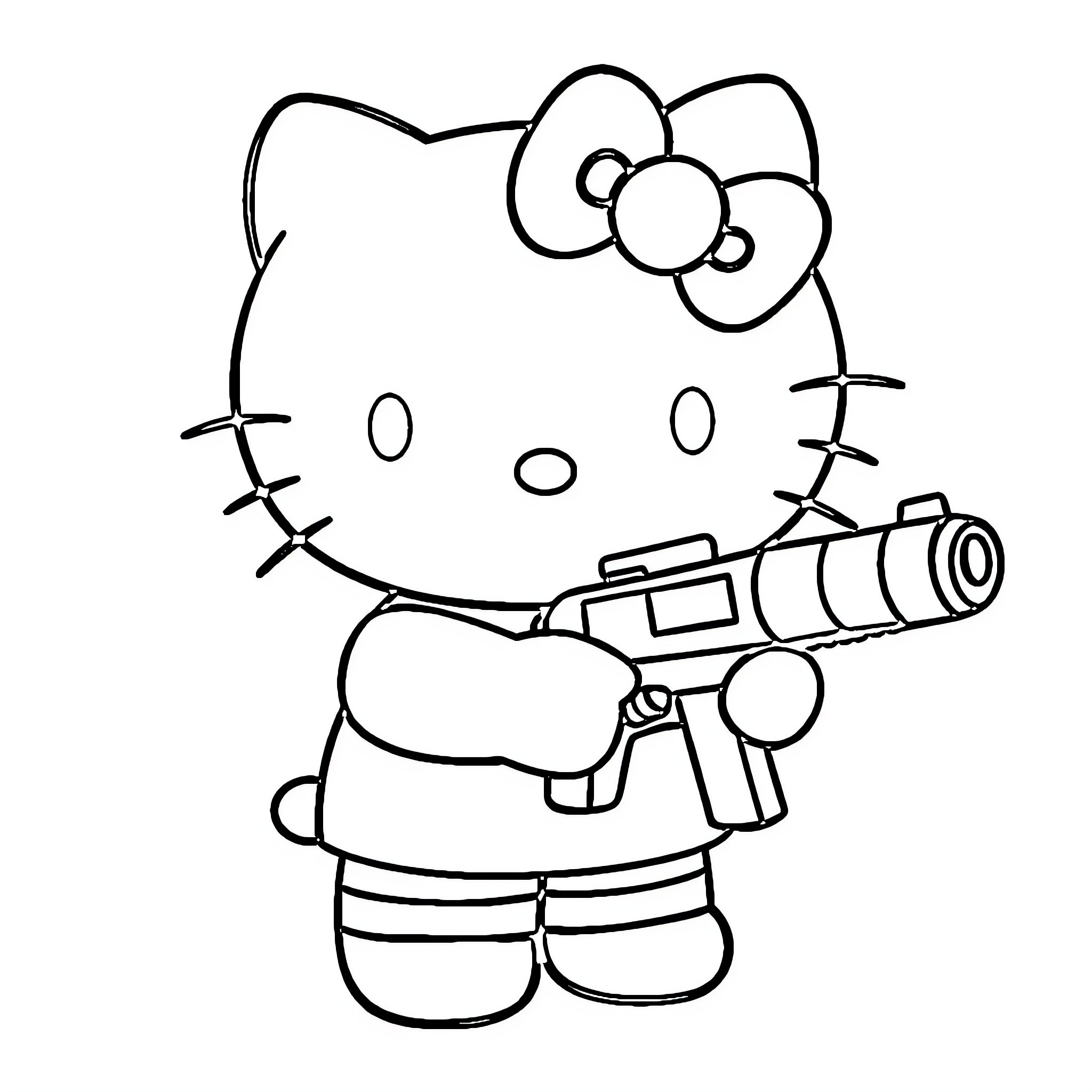 Hello Kitty holding a ray gun Coloring Page (free black-and-white line drawing printable PDF for all, from beginners to advanced learners, including children, teens, adults, and seniors)