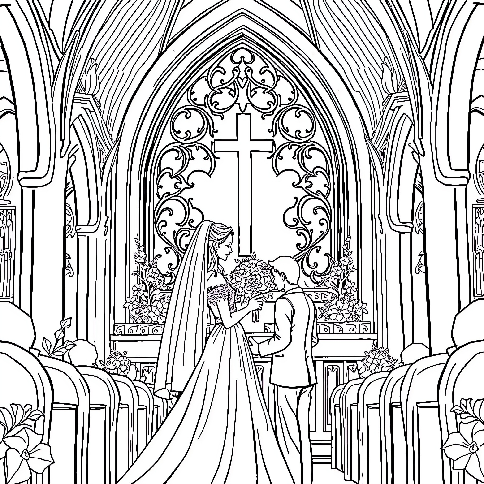 Pareja celebrando su boda en una iglesia ornamentada Coloring Page (free black-and-white line drawing printable PDF for all, from beginners to advanced learners, including children, teens, adults, and seniors)