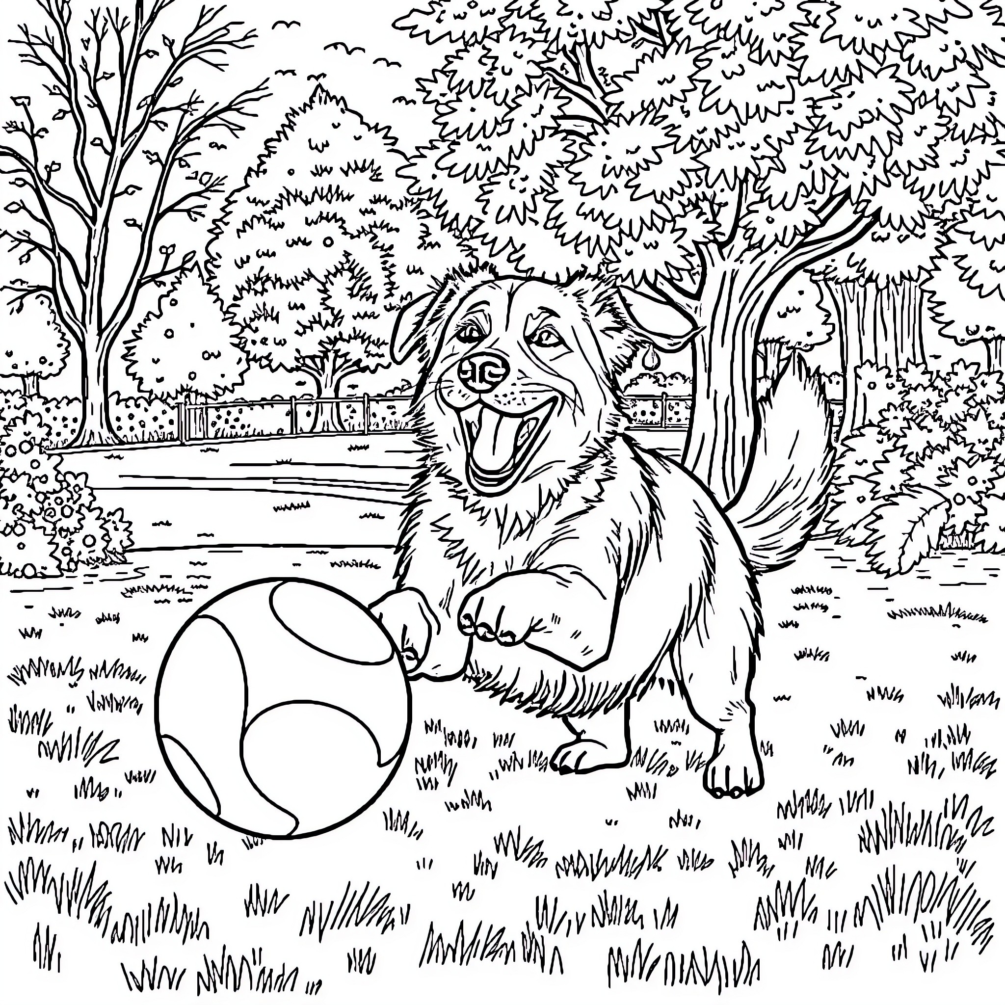 Dog playing happily with ball in park Coloring Page (free black-and-white line drawing printable PDF for all, from beginners to advanced learners, including children, teens, adults, and seniors)