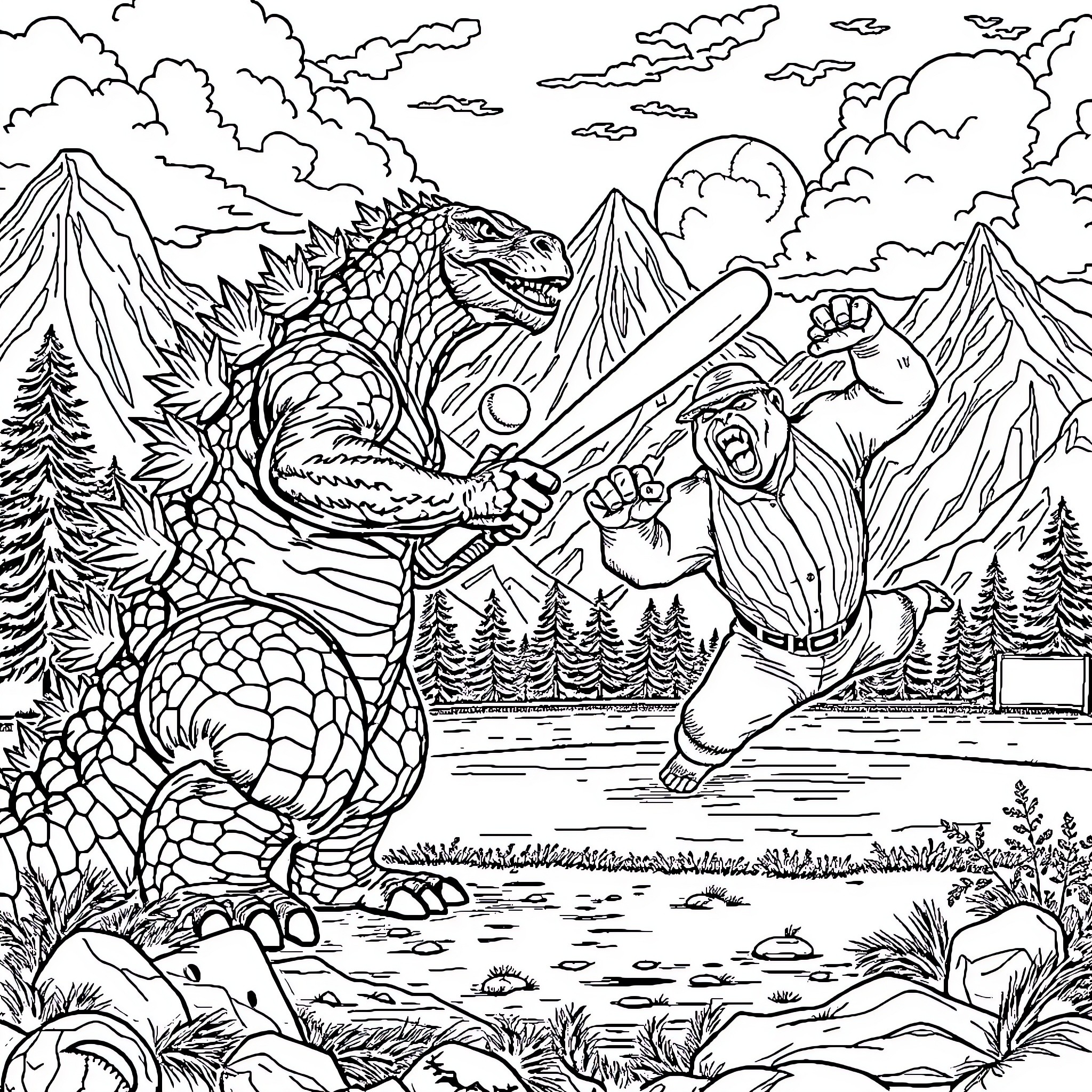 Godzilla battles a giant monster in a mountainous landscape Coloring Page (free black-and-white line drawing printable PDF for all, from beginners to advanced learners, including children, teens, adults, and seniors)