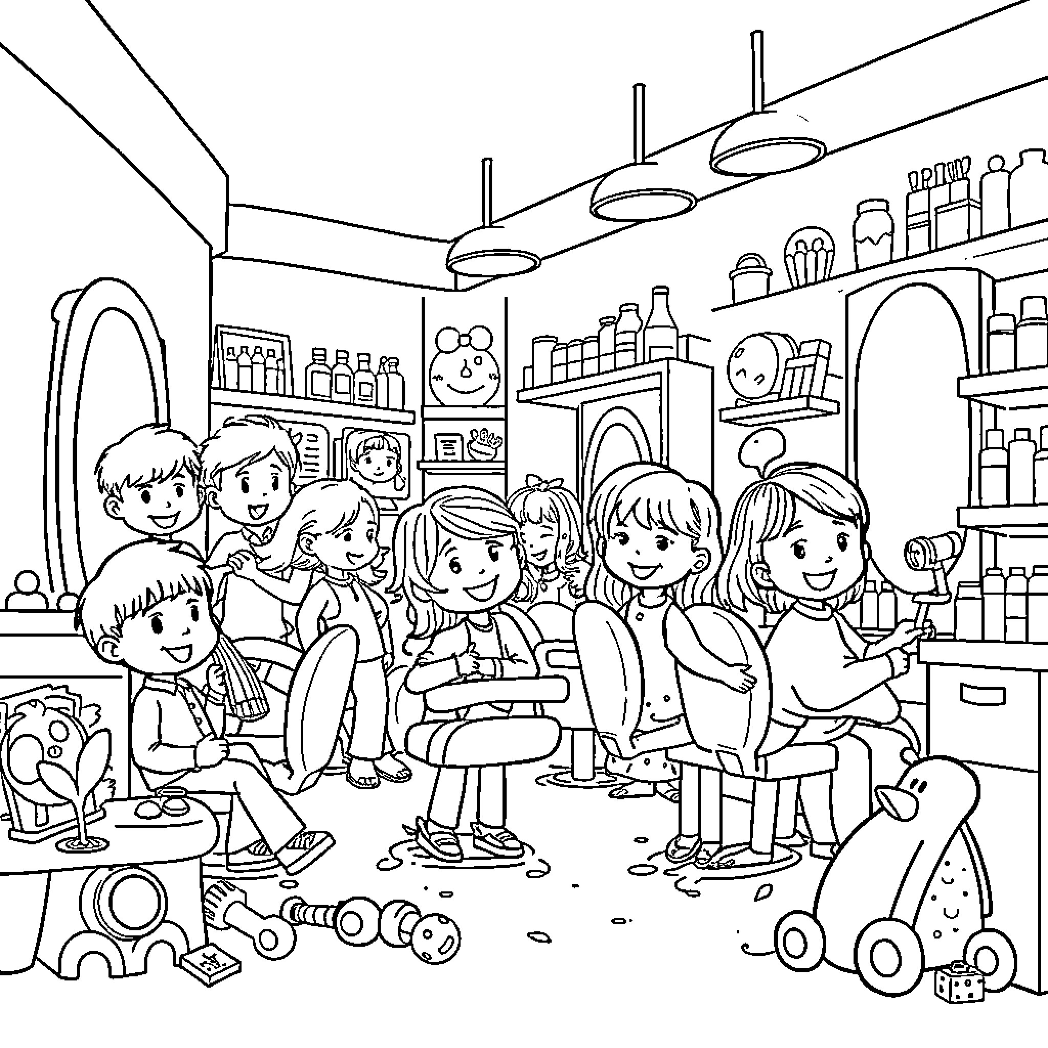 Kid Friends Hanging Out in Toy Store Coloring Page (free black-and-white line drawing printable PDF for all, from beginners to advanced learners, including children, teens, adults, and seniors)