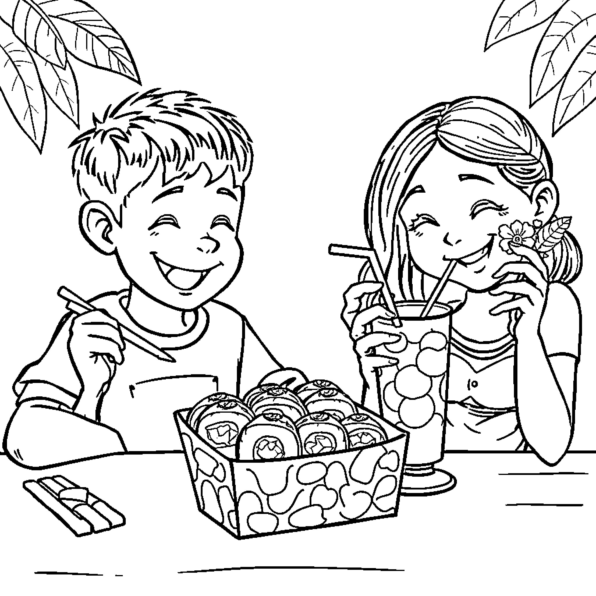 Boy and Girl Enjoying Snacks Together Coloring Page (free black-and-white line drawing printable PDF for all, from beginners to advanced learners, including children, teens, adults, and seniors)