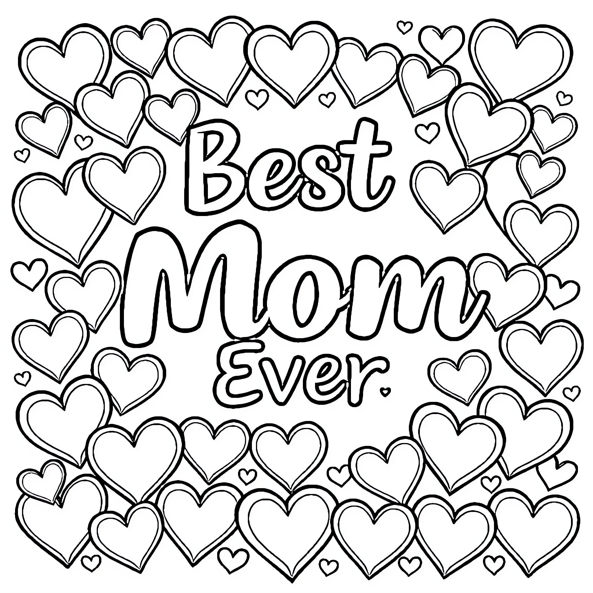 Mom's heartfelt celebration with loving hearts Coloring Page (free black-and-white line drawing printable PDF for all, from beginners to advanced learners, including children, teens, adults, and seniors)