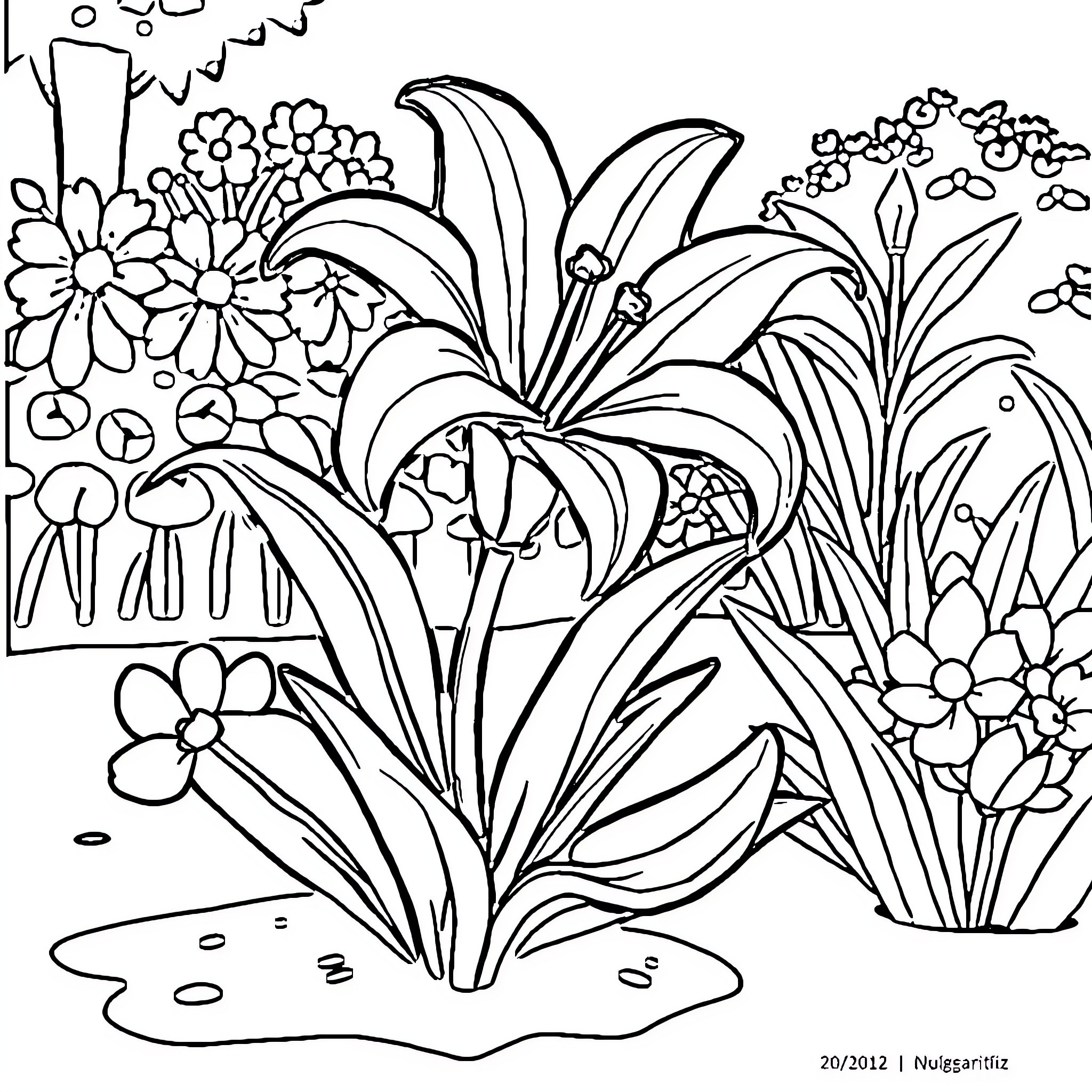 Lily's Flourishing Garden Delight Coloring Page (free black-and-white line drawing printable PDF for all, from beginners to advanced learners, including children, teens, adults, and seniors)