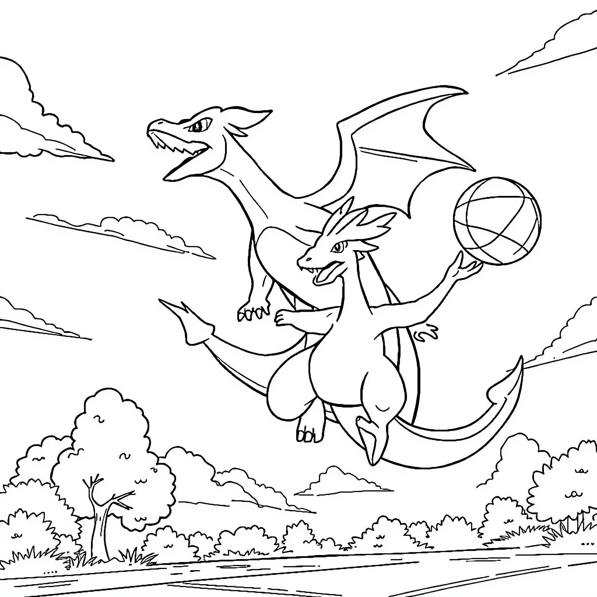 Charizard flying and holding a ball in a natural setting Coloring Page (free black-and-white line drawing printable PDF for all, from beginners to advanced learners, including children, teens, adults, and seniors)