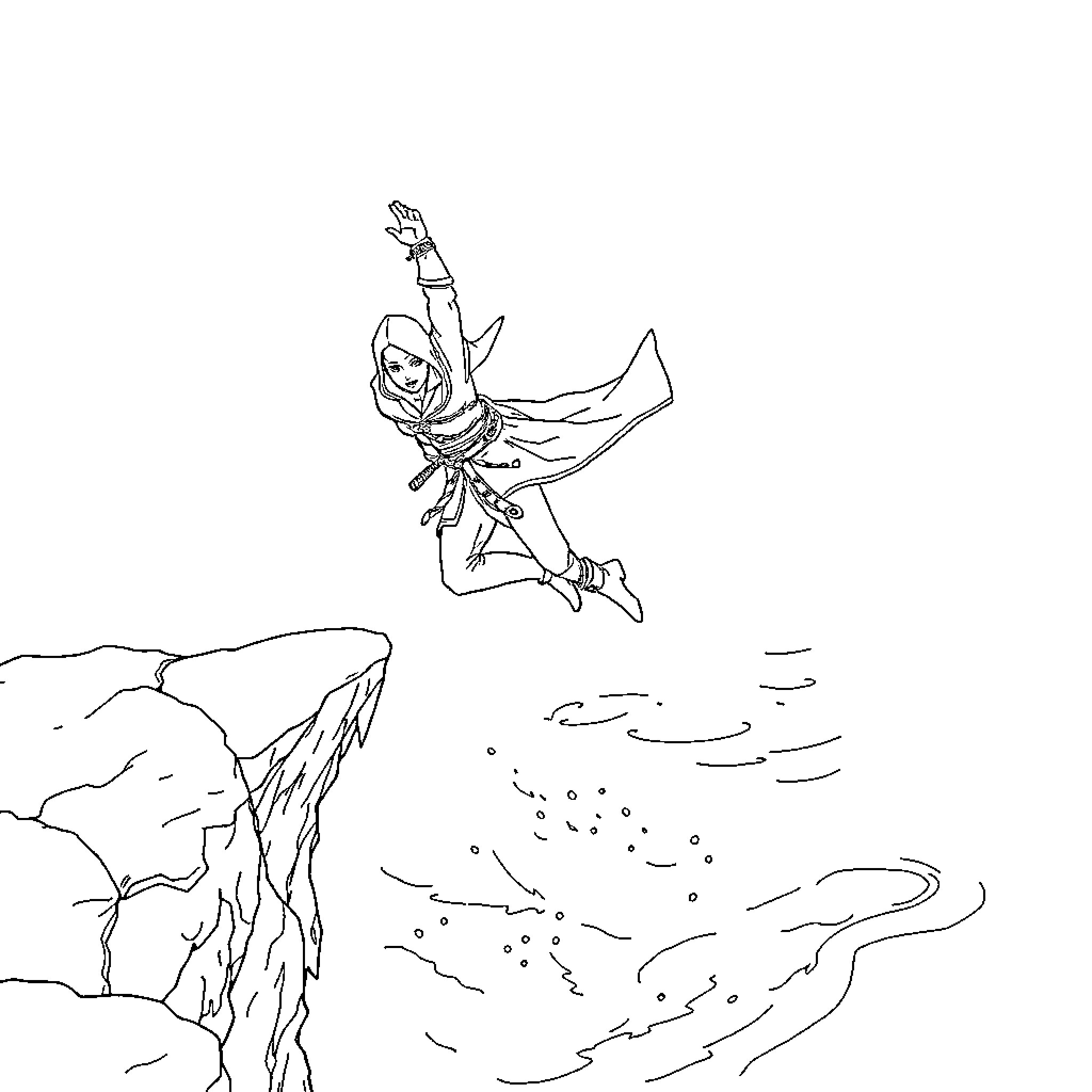 Basim soaring through the air with excitement Coloring Page (free black-and-white line drawing printable PDF for all, from beginners to advanced learners, including children, teens, adults, and seniors)