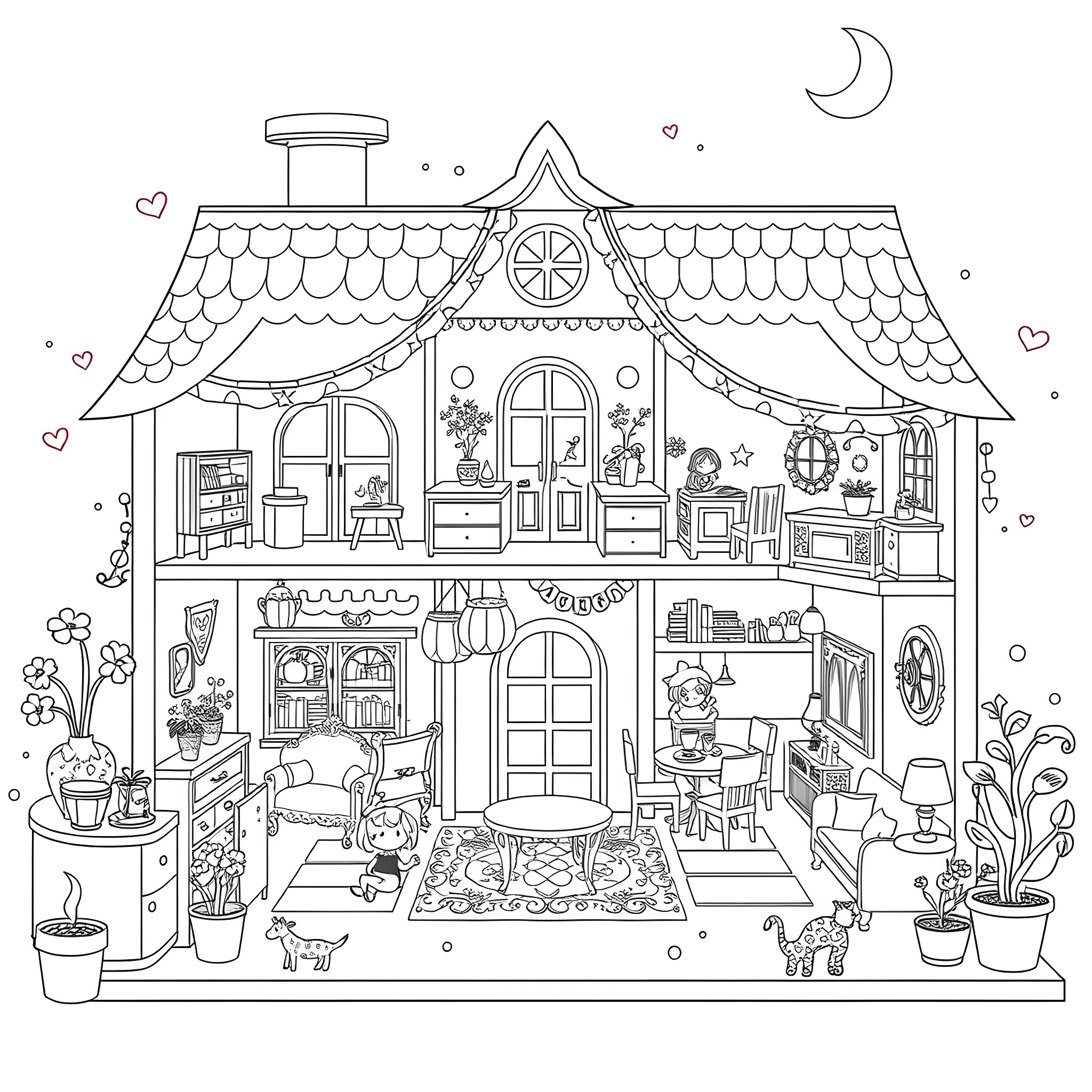 Gabby's Dollhouse - Cozy Cottage with Whimsical Decor Coloring Page (free black-and-white line drawing printable PDF for all, from beginners to advanced learners, including children, teens, adults, and seniors)