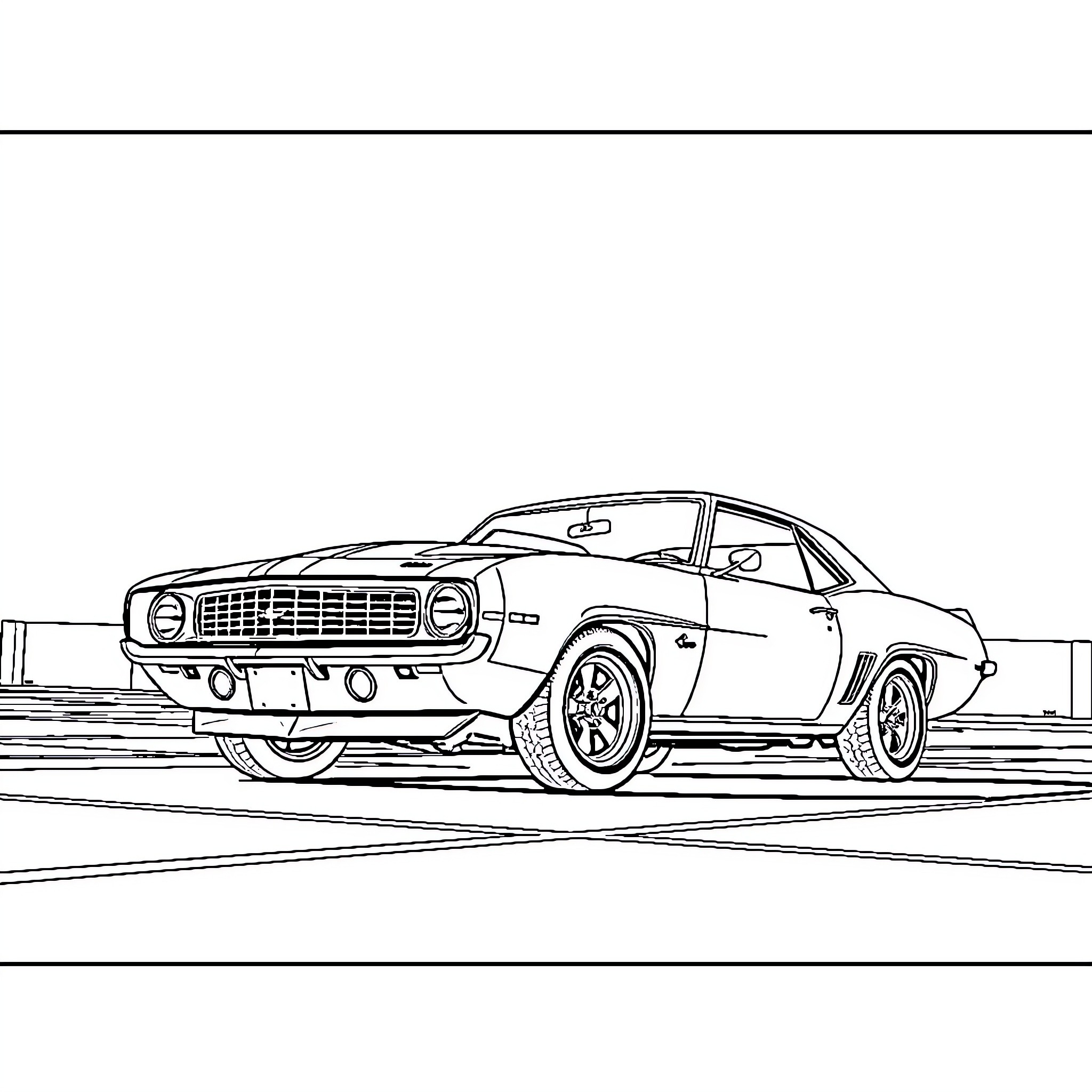 Chevy Camaro muscle car on the road Coloring Page (free black-and-white line drawing printable PDF for all, from beginners to advanced learners, including children, teens, adults, and seniors)