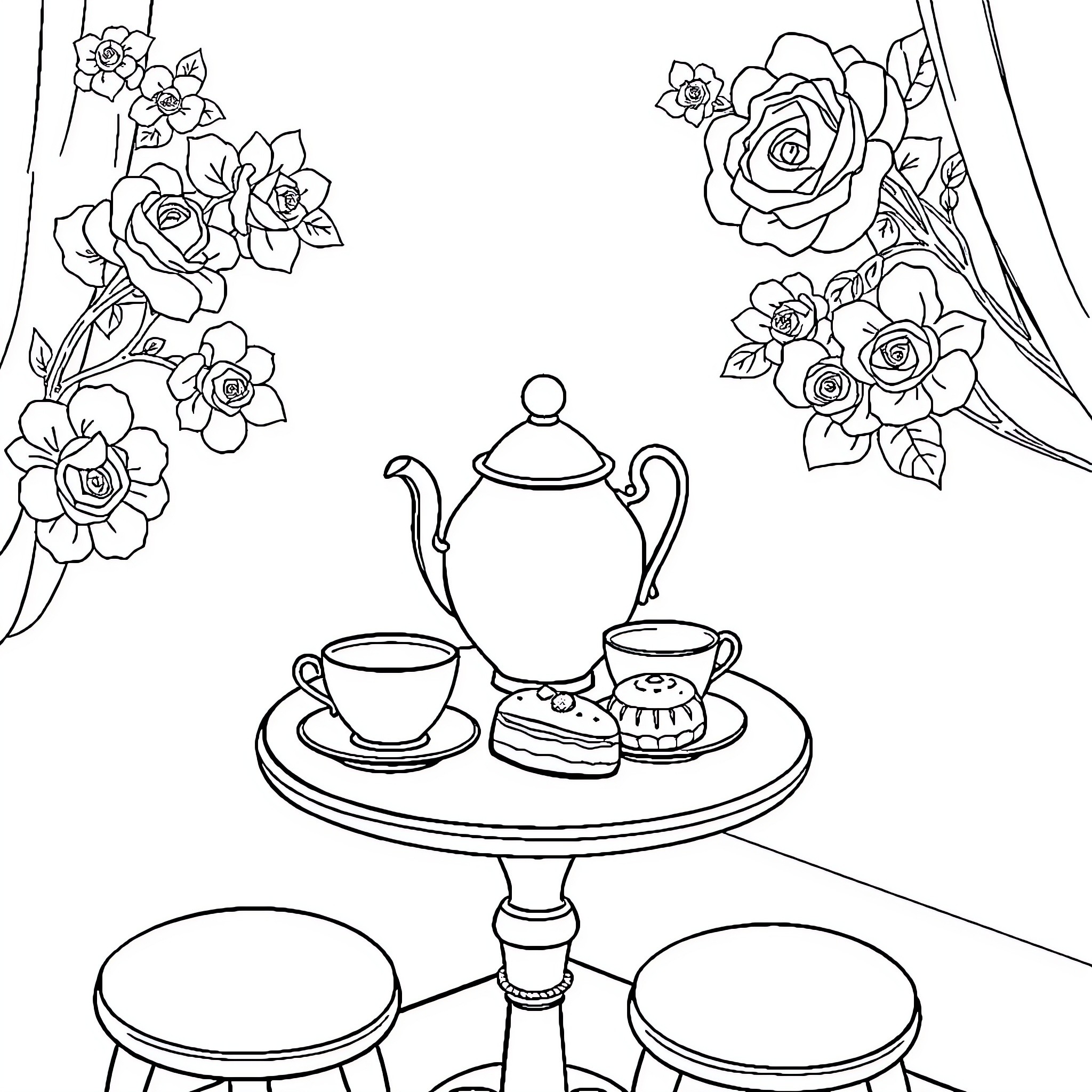 Tea time with flowers Coloring Page (free black-and-white line drawing printable PDF for all, from beginners to advanced learners, including children, teens, adults, and seniors)