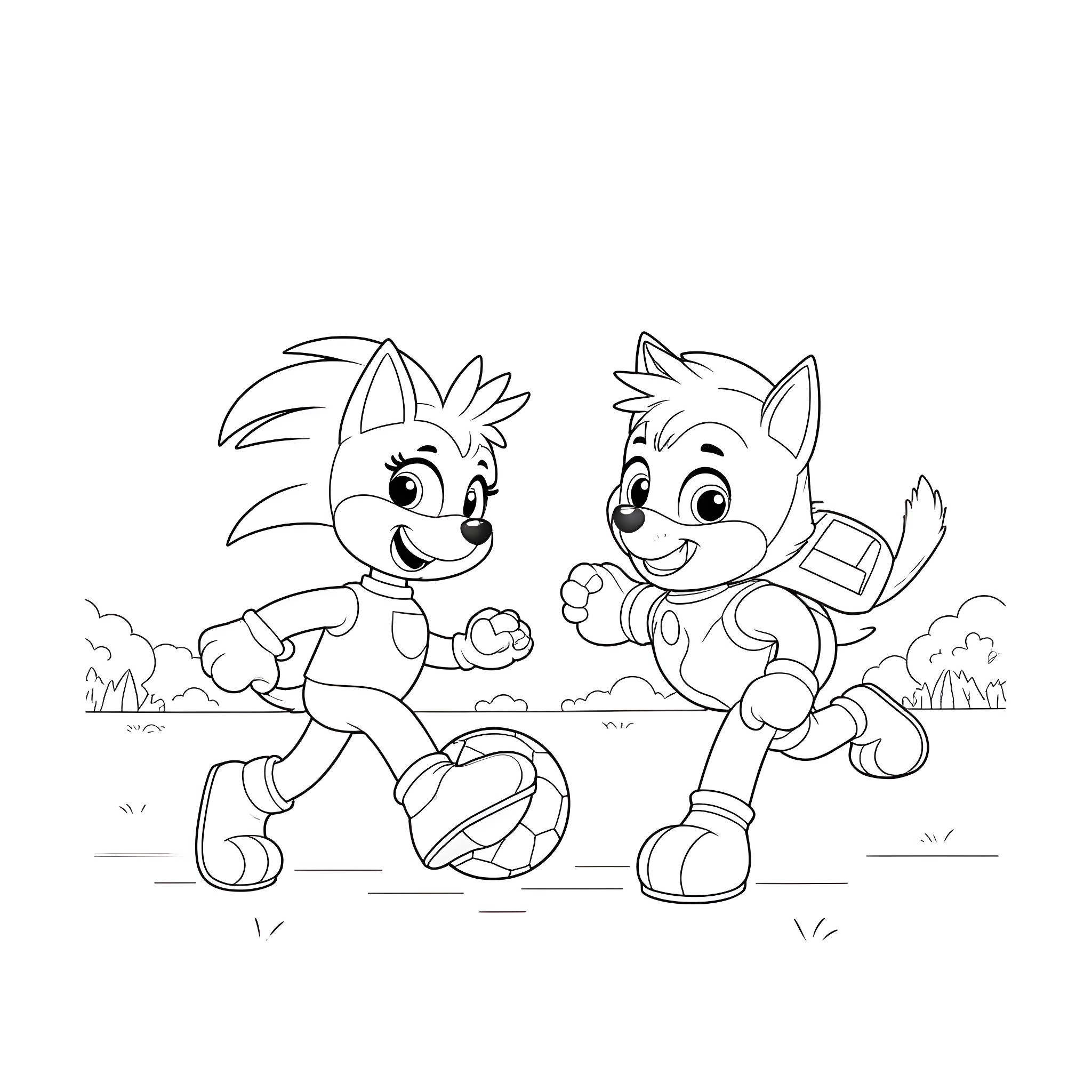 Sonic characters playing with a ball in the park Coloring Page (free black-and-white line drawing printable PDF for all, from beginners to advanced learners, including children, teens, adults, and seniors)