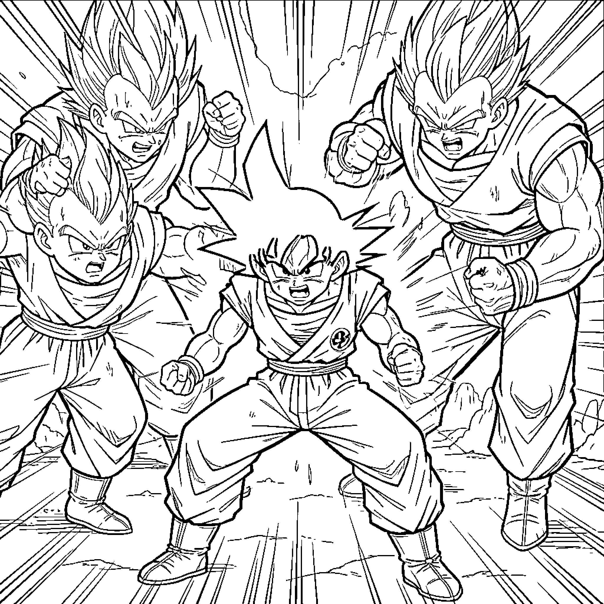 Dragonball characters preparing for a powerful battle Coloring Page (free black-and-white line drawing printable PDF for all, from beginners to advanced learners, including children, teens, adults, and seniors)
