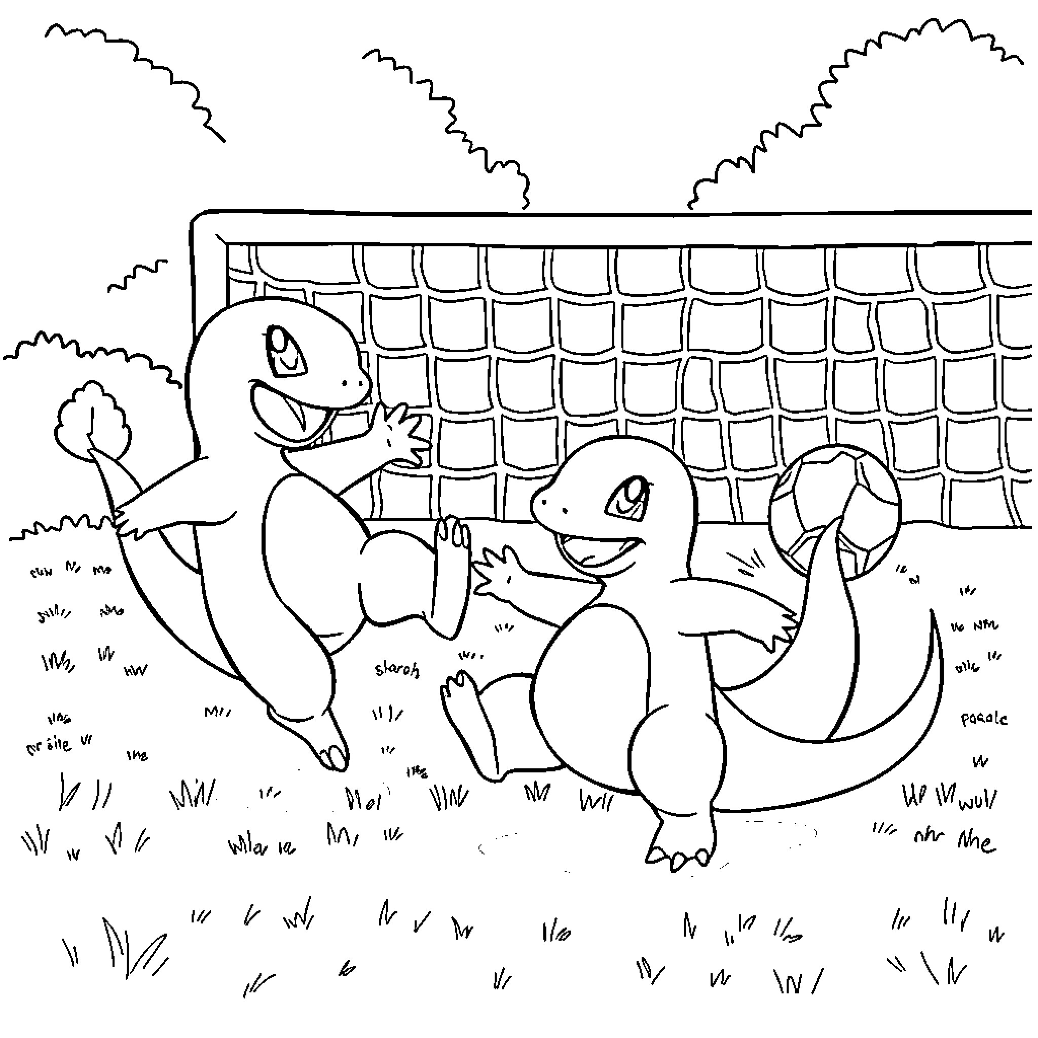 Charmander having fun with friends in the backyard Coloring Page (free black-and-white line drawing printable PDF for all, from beginners to advanced learners, including children, teens, adults, and seniors)