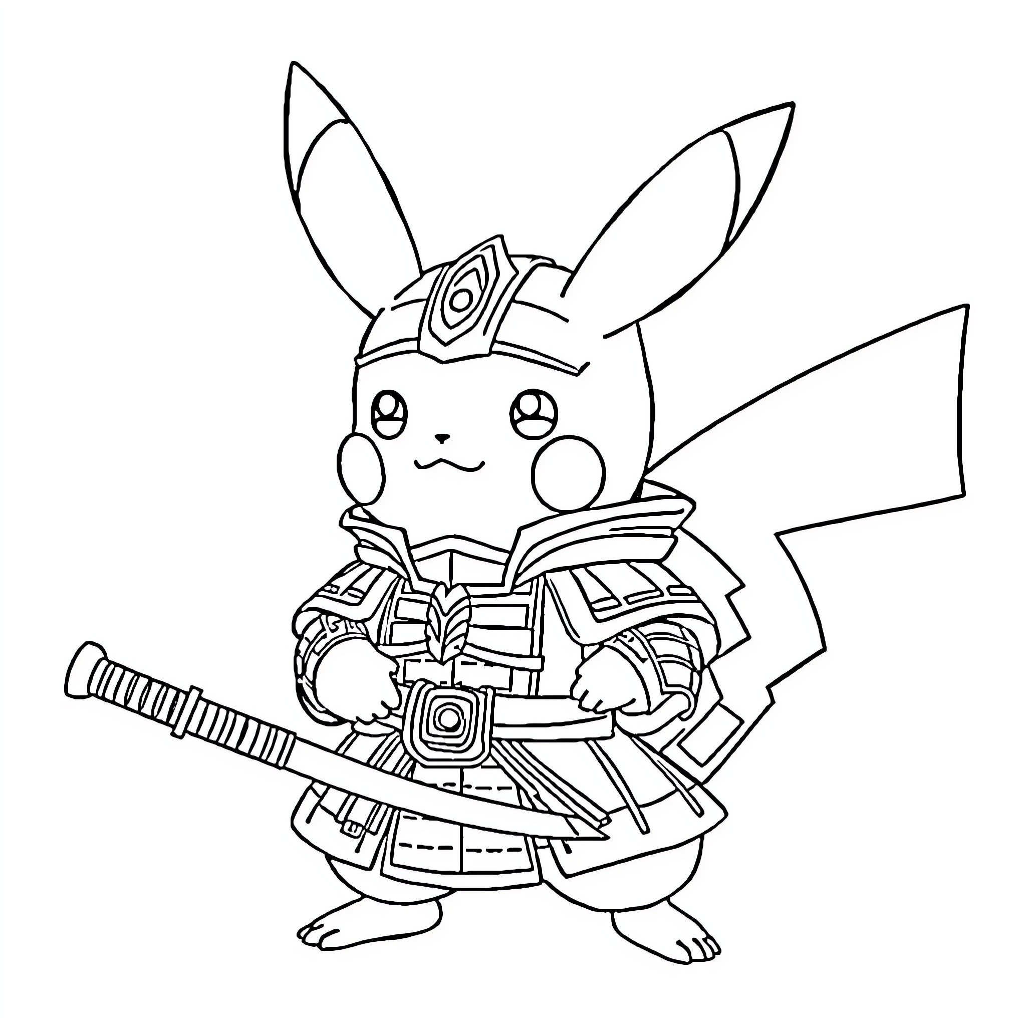 Pikachu in Samurai Warrior Outfit Coloring Page (free black-and-white line drawing printable PDF for all, from beginners to advanced learners, including children, teens, adults, and seniors)