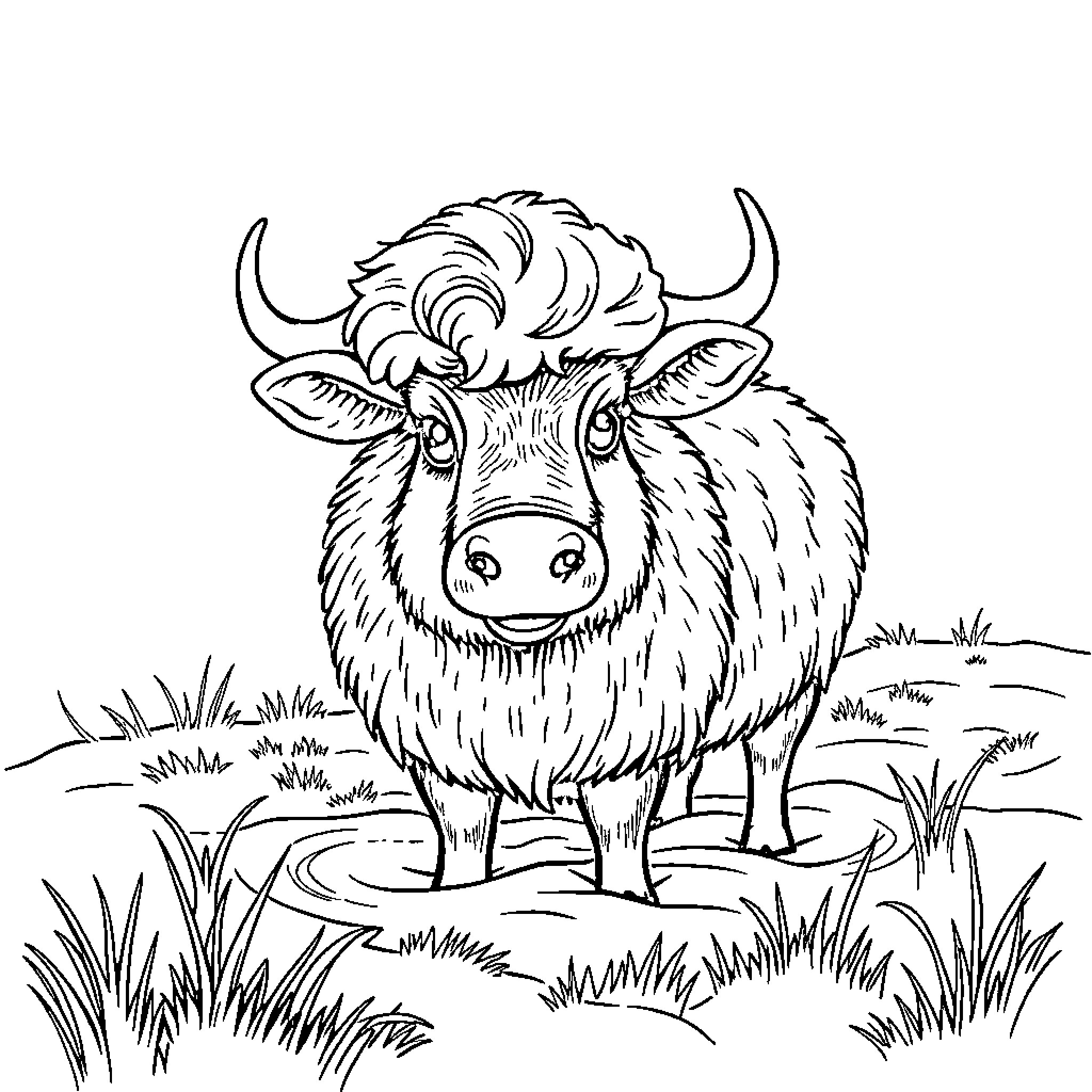 Schwein in the meadow with a cheerful expression Coloring Page (free black-and-white line drawing printable PDF for all, from beginners to advanced learners, including children, teens, adults, and seniors)