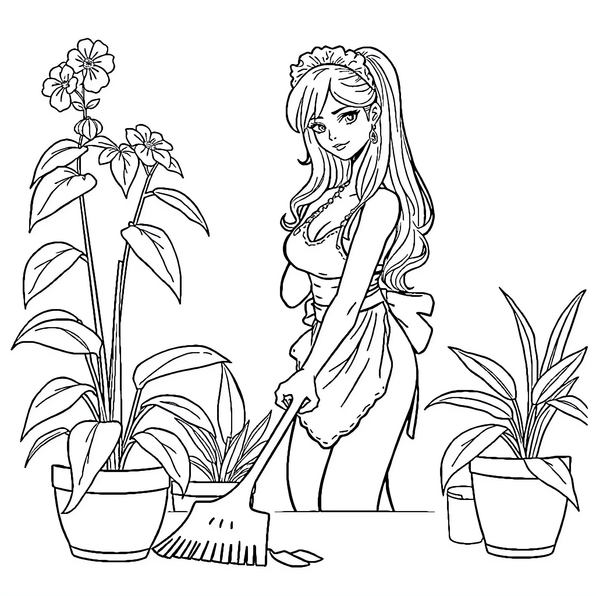 Maid tending to her garden plants Coloring Page (free black-and-white line drawing printable PDF for all, from beginners to advanced learners, including children, teens, adults, and seniors)