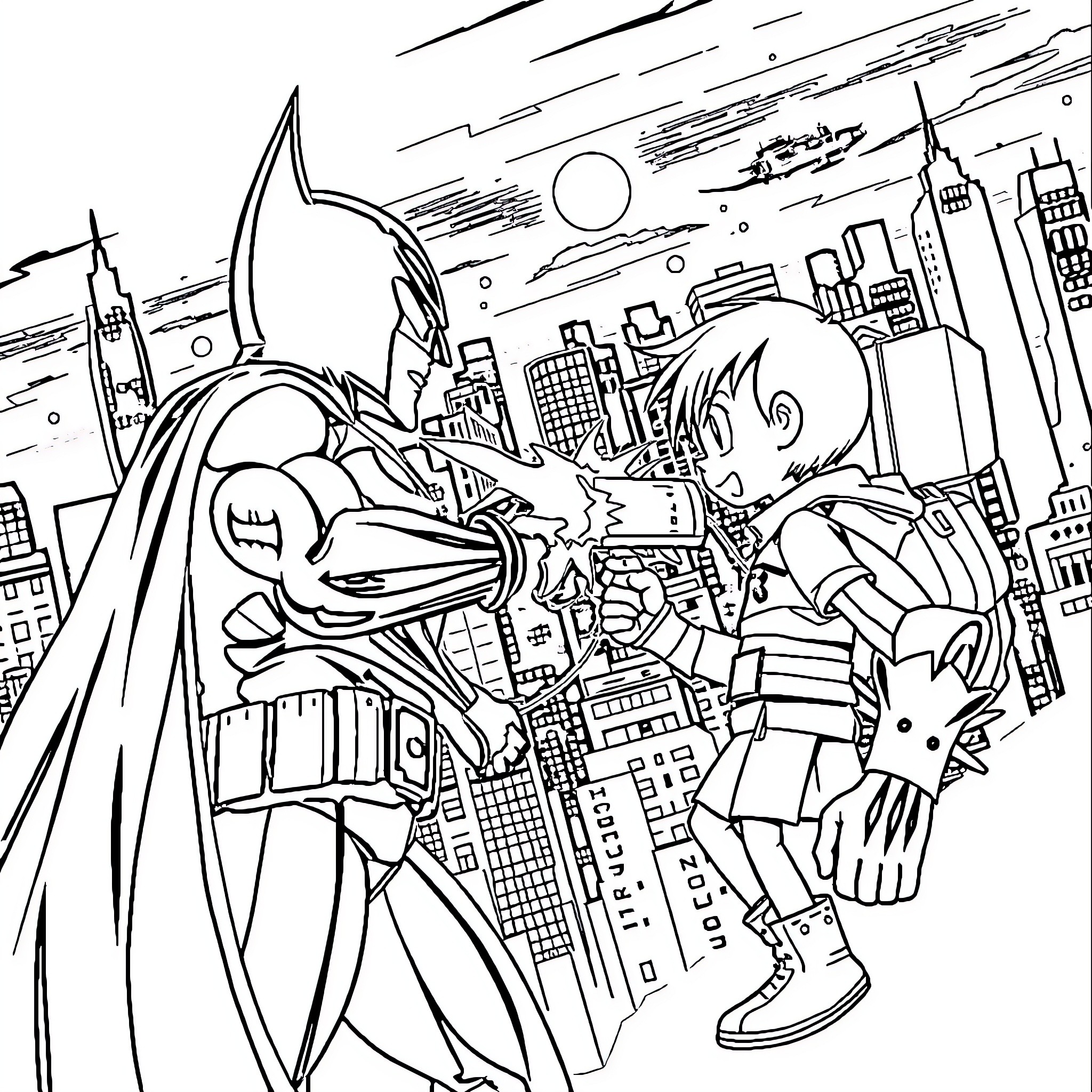 Batman Battles Villains in Gotham City Coloring Page (free black-and-white line drawing printable PDF for all, from beginners to advanced learners, including children, teens, adults, and seniors)