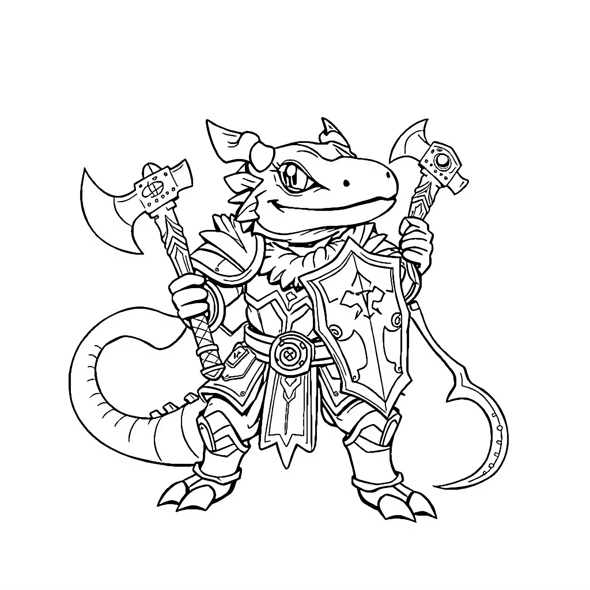 Warrior Axolotl wielding an axe and shield Coloring Page (free black-and-white line drawing printable PDF for all, from beginners to advanced learners, including children, teens, adults, and seniors)