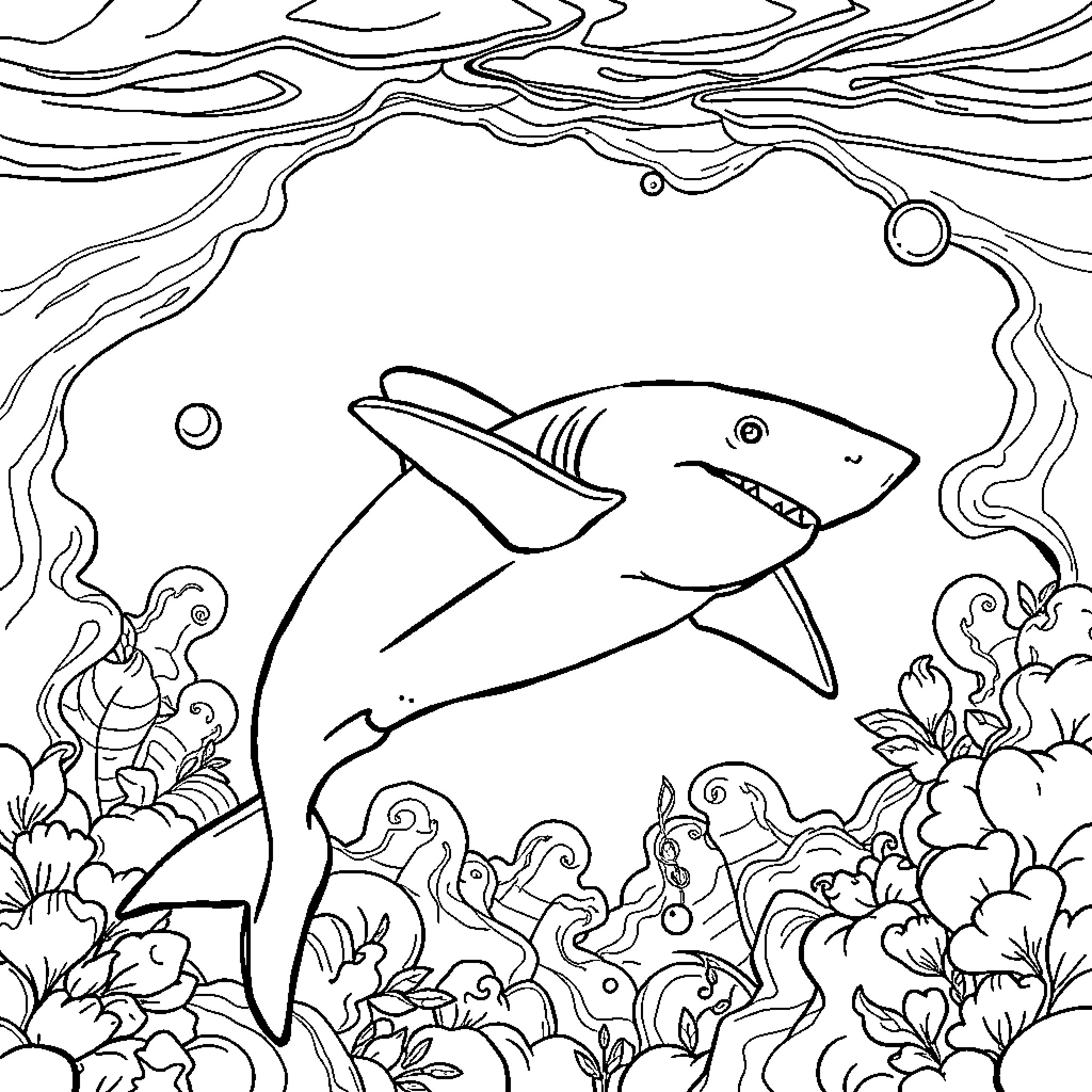 Shark swimming in an underwater floral scene Coloring Page (free black-and-white line drawing printable PDF for all, from beginners to advanced learners, including children, teens, adults, and seniors)