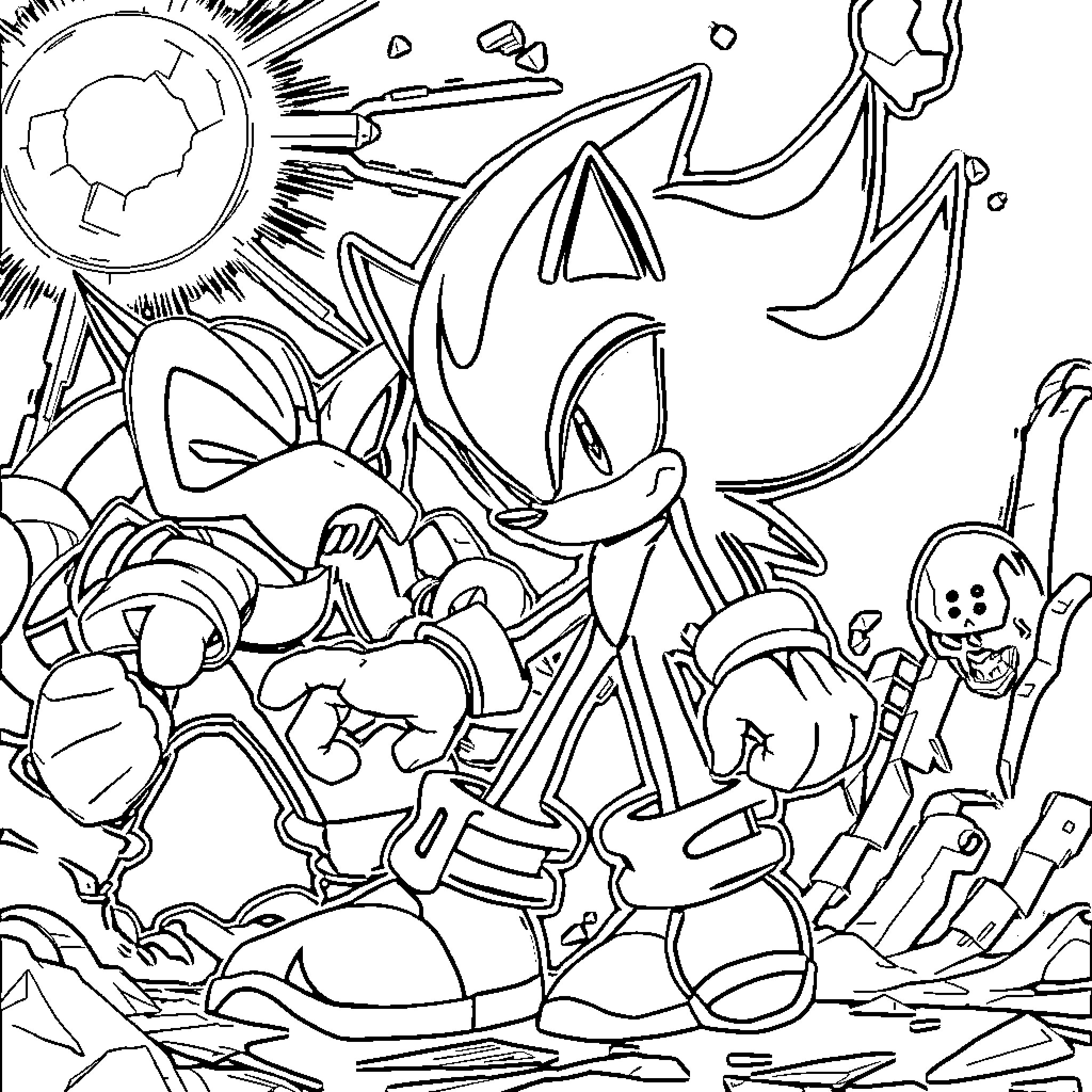 Shadow Sonic's Adventurous Escapades Coloring Page (free black-and-white line drawing printable PDF for all, from beginners to advanced learners, including children, teens, adults, and seniors)