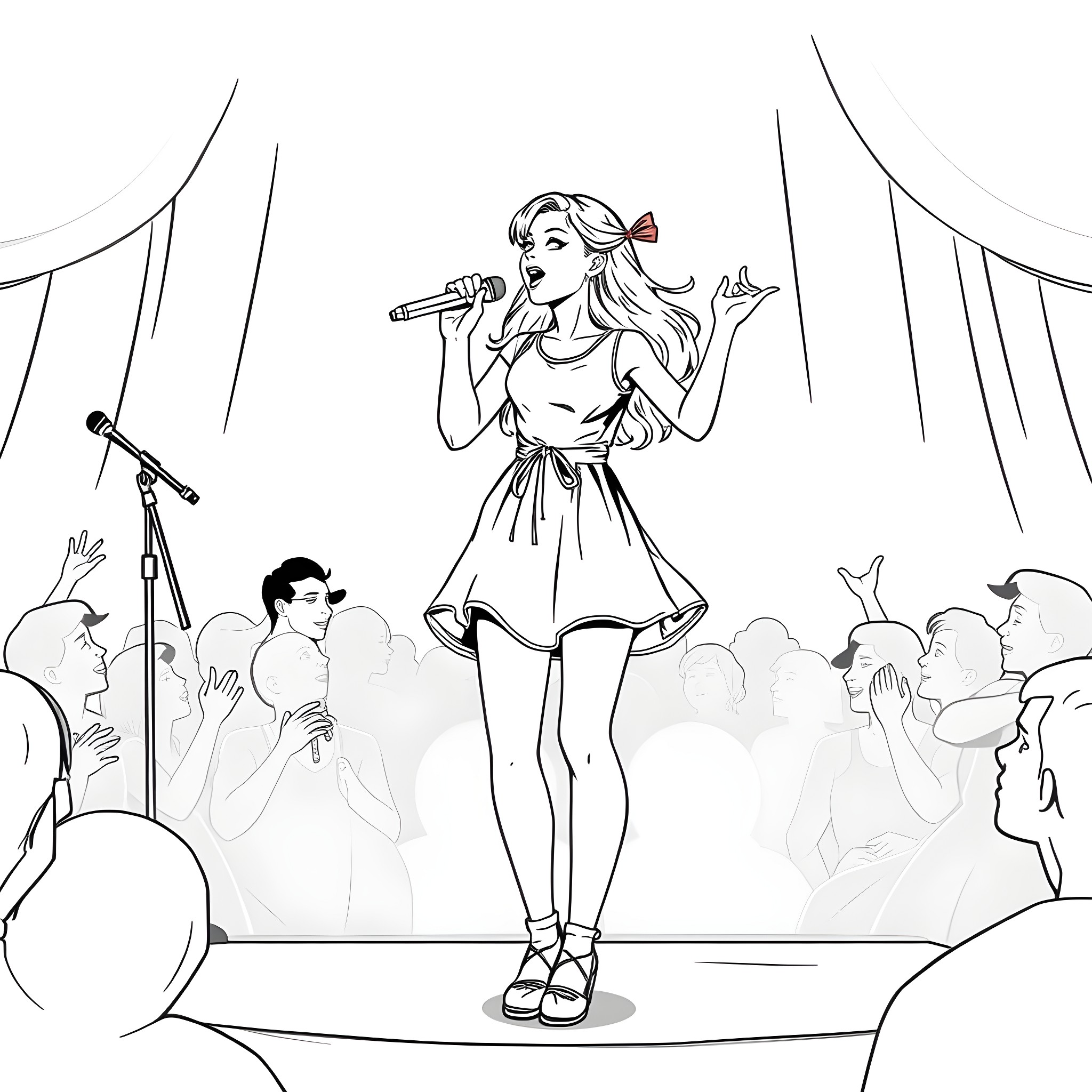 Teen Girl Performing on Stage with Audience Coloring Page (free black-and-white line drawing printable PDF for all, from beginners to advanced learners, including children, teens, adults, and seniors)