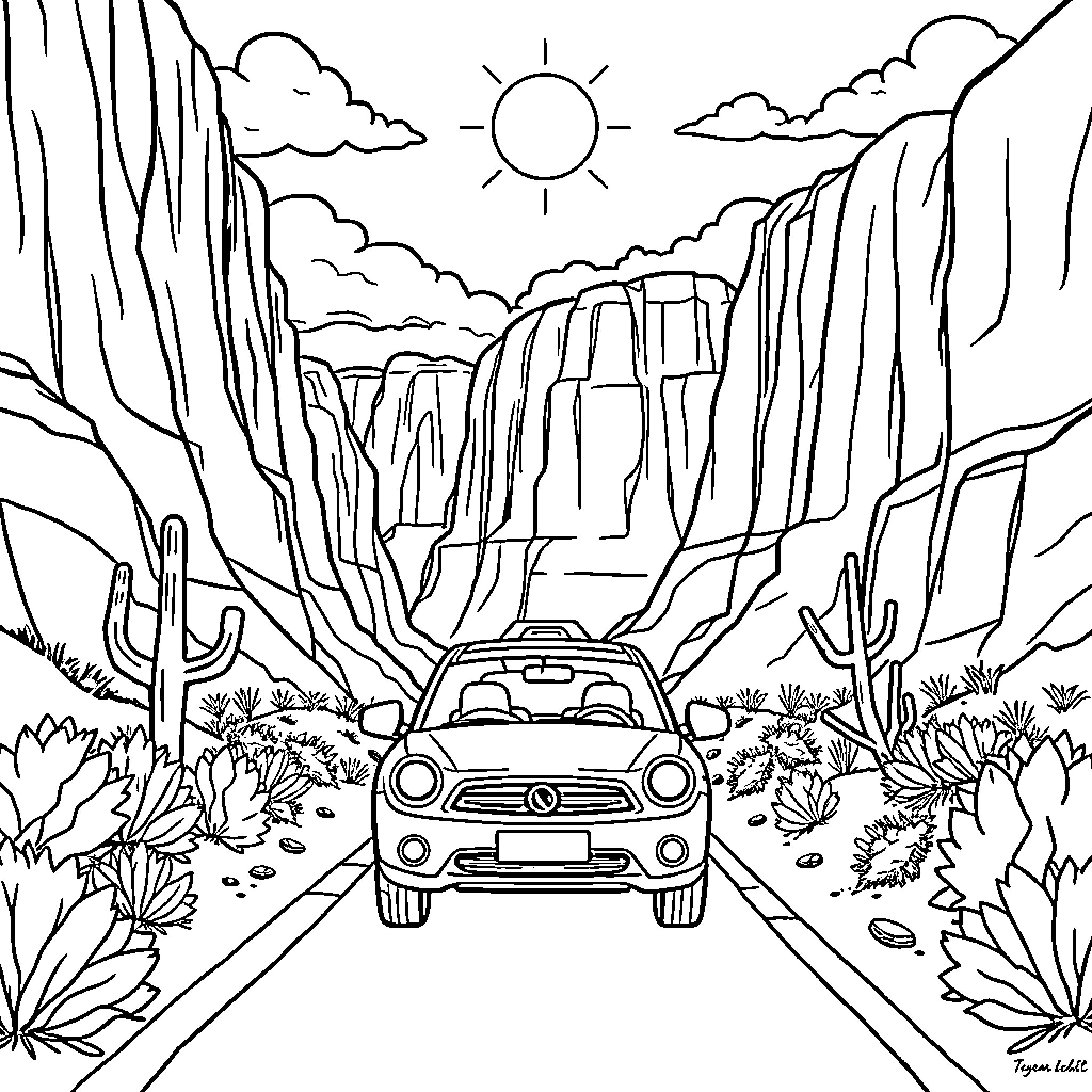 Car driving through scenic desert landscape Coloring Page (free black-and-white line drawing printable PDF for all, from beginners to advanced learners, including children, teens, adults, and seniors)
