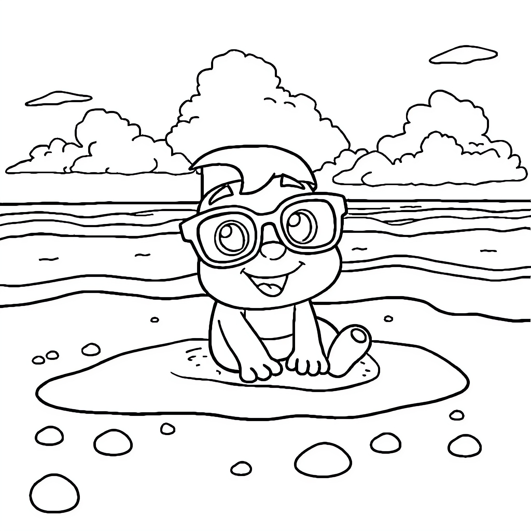 Blippi enjoying a day at the beach Coloring Page (free black-and-white line drawing printable PDF for all, from beginners to advanced learners, including children, teens, adults, and seniors)