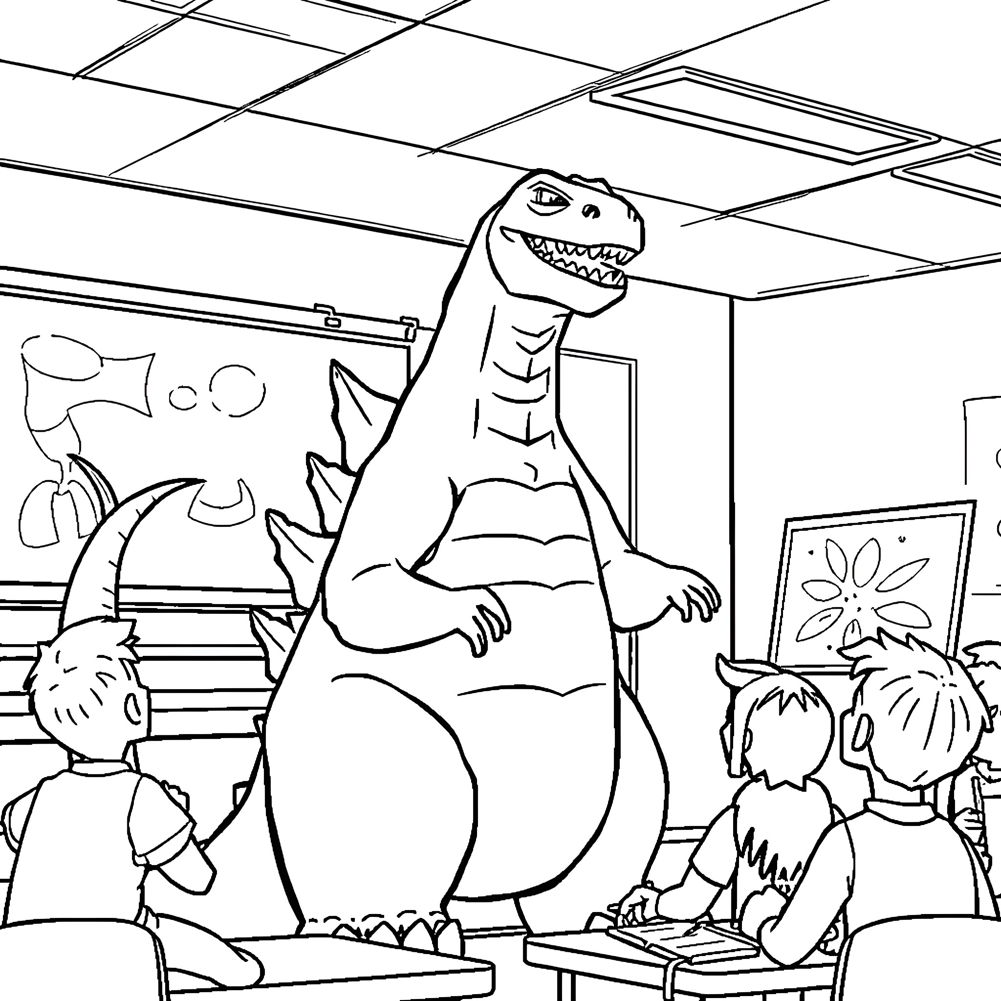 Godzilla terrorizes classroom of children Coloring Page (free black-and-white line drawing printable PDF for all, from beginners to advanced learners, including children, teens, adults, and seniors)