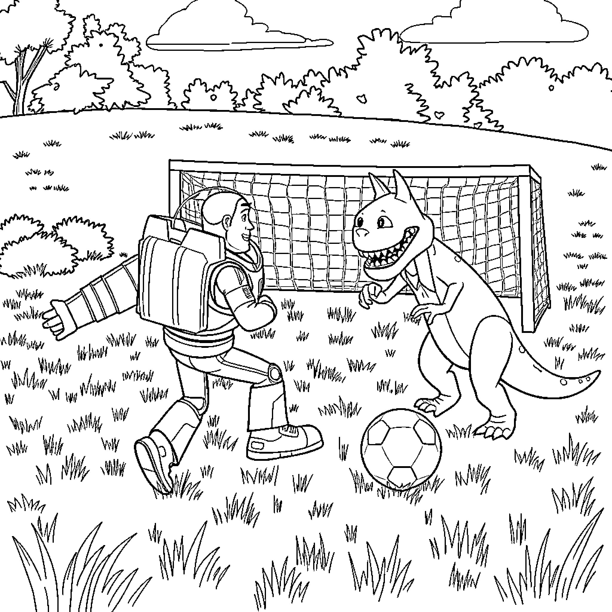 Buzz and Woody playing soccer on the field Coloring Page (free black-and-white line drawing printable PDF for all, from beginners to advanced learners, including children, teens, adults, and seniors)