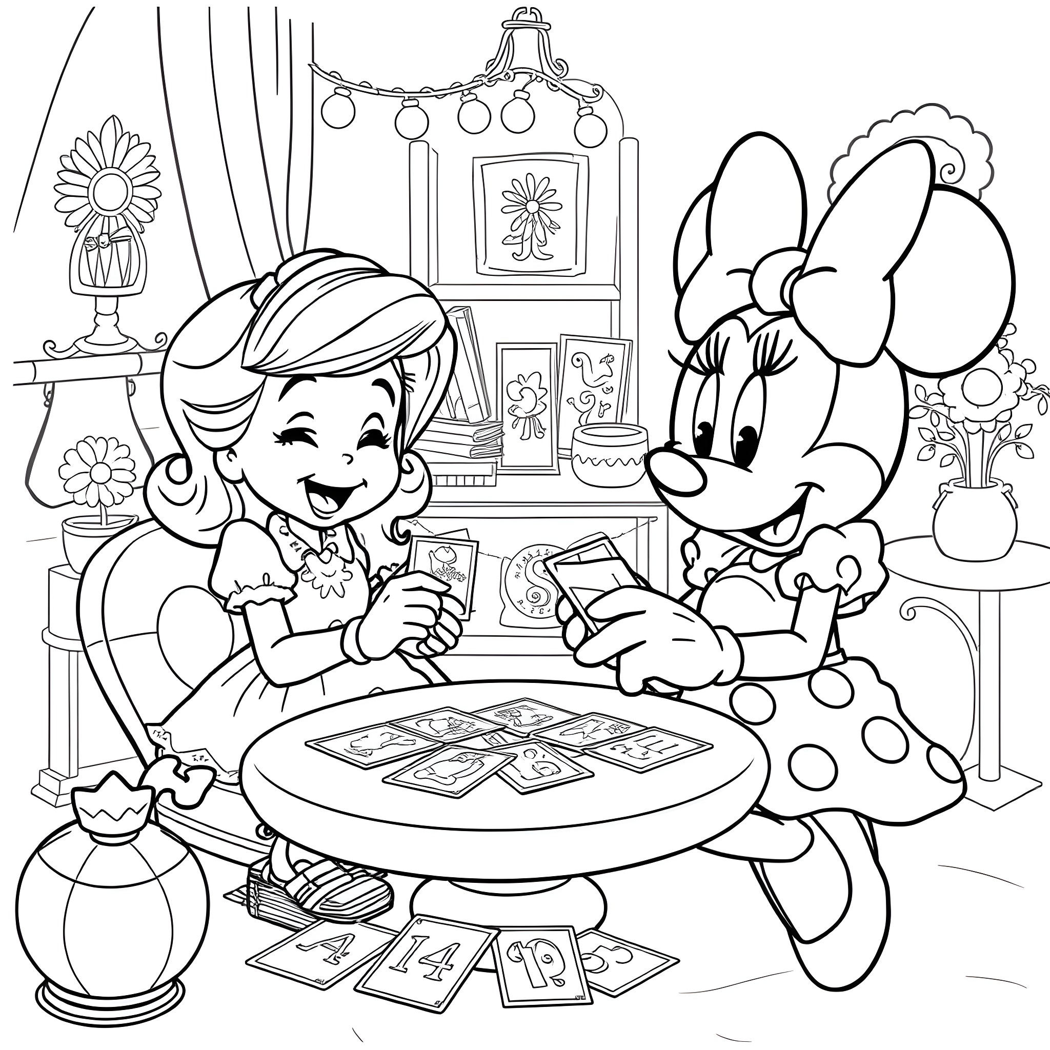 Fancy Nancy Playing Cards with Minnie Mouse Coloring Page (free black-and-white line drawing printable PDF for all, from beginners to advanced learners, including children, teens, adults, and seniors)